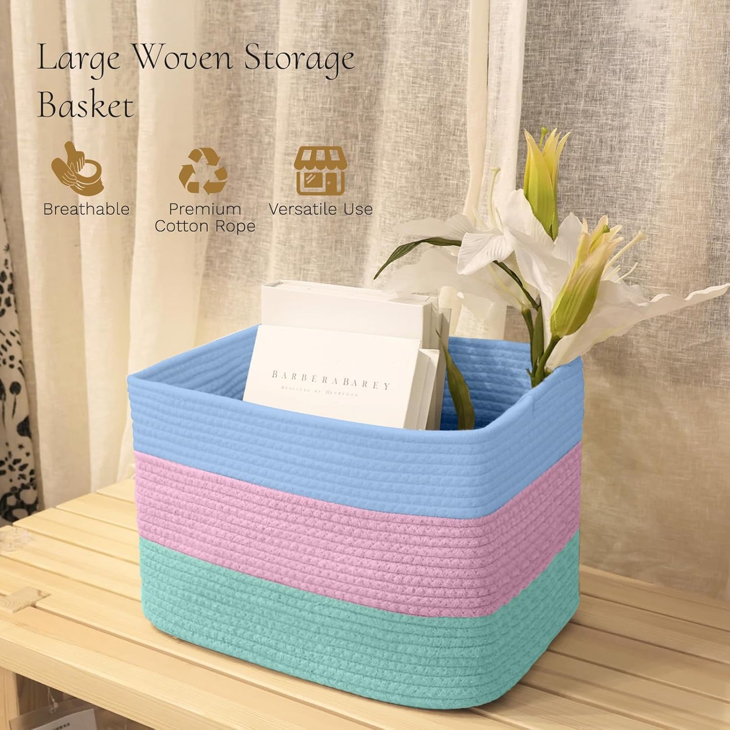Hopegiver Woven Storage Baskets 15x11x10 Inch, 1 Pack Collapsible Cube Storage Bin for Shelves - Foldable Cotton Rope Organizer Bins for Towels, Toys, Books, Closet, Nursery (Blue Pink Green)
