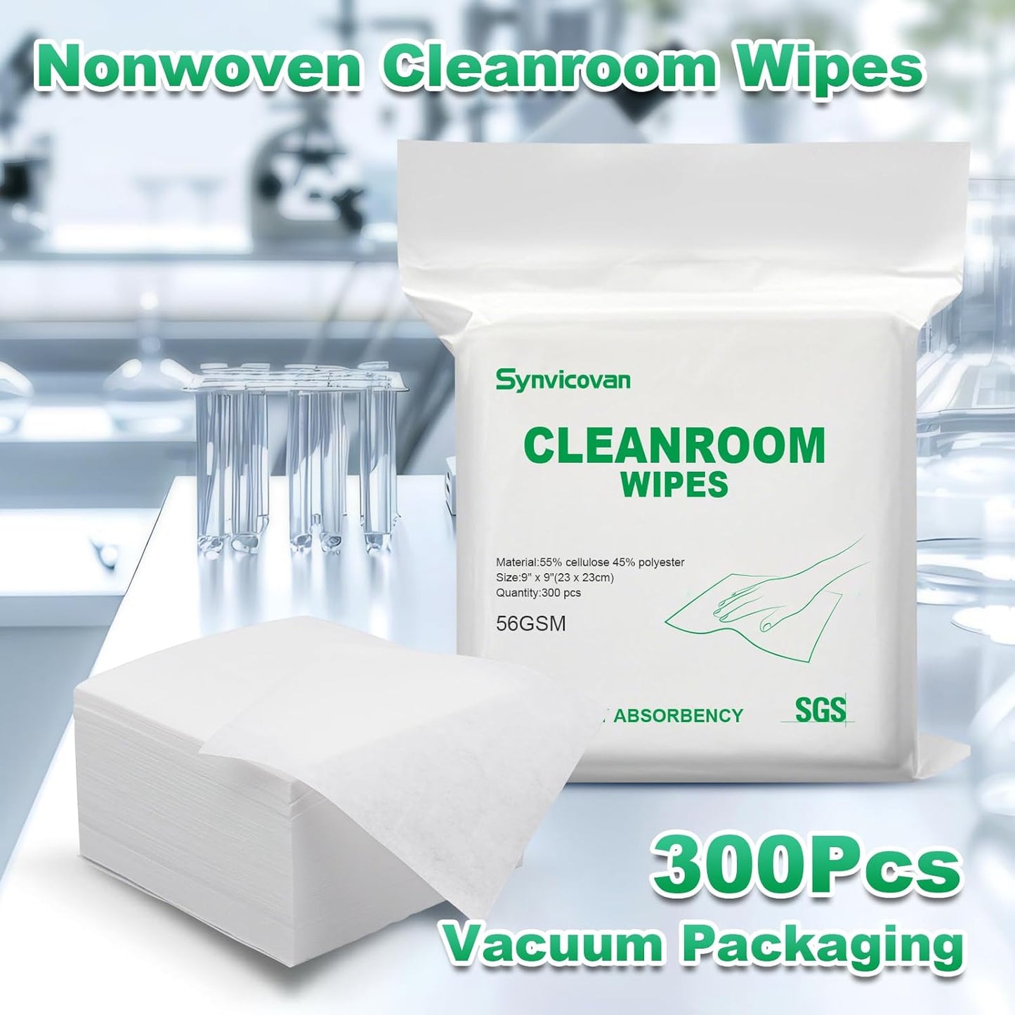 Cleanroom Wipes 9"x9" (300 Pcs, Cellulose/Polyester Blend, Grade B, 56GSM) Lint Free Wipes for Laboratory, Electronics, Pharmaceutical,Printing,Automotives and Semiconductor Industries