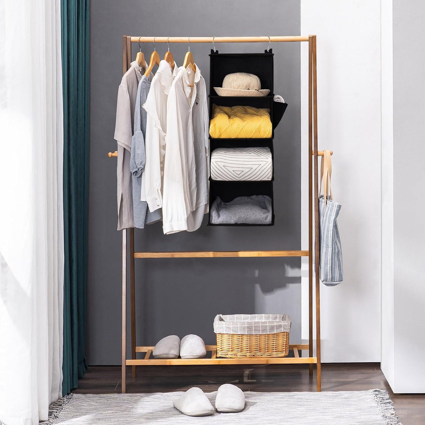 YOUDENOVA Hanging Closet Organizer, 4-Shelf Closet Hanging Storage Shelves, Black