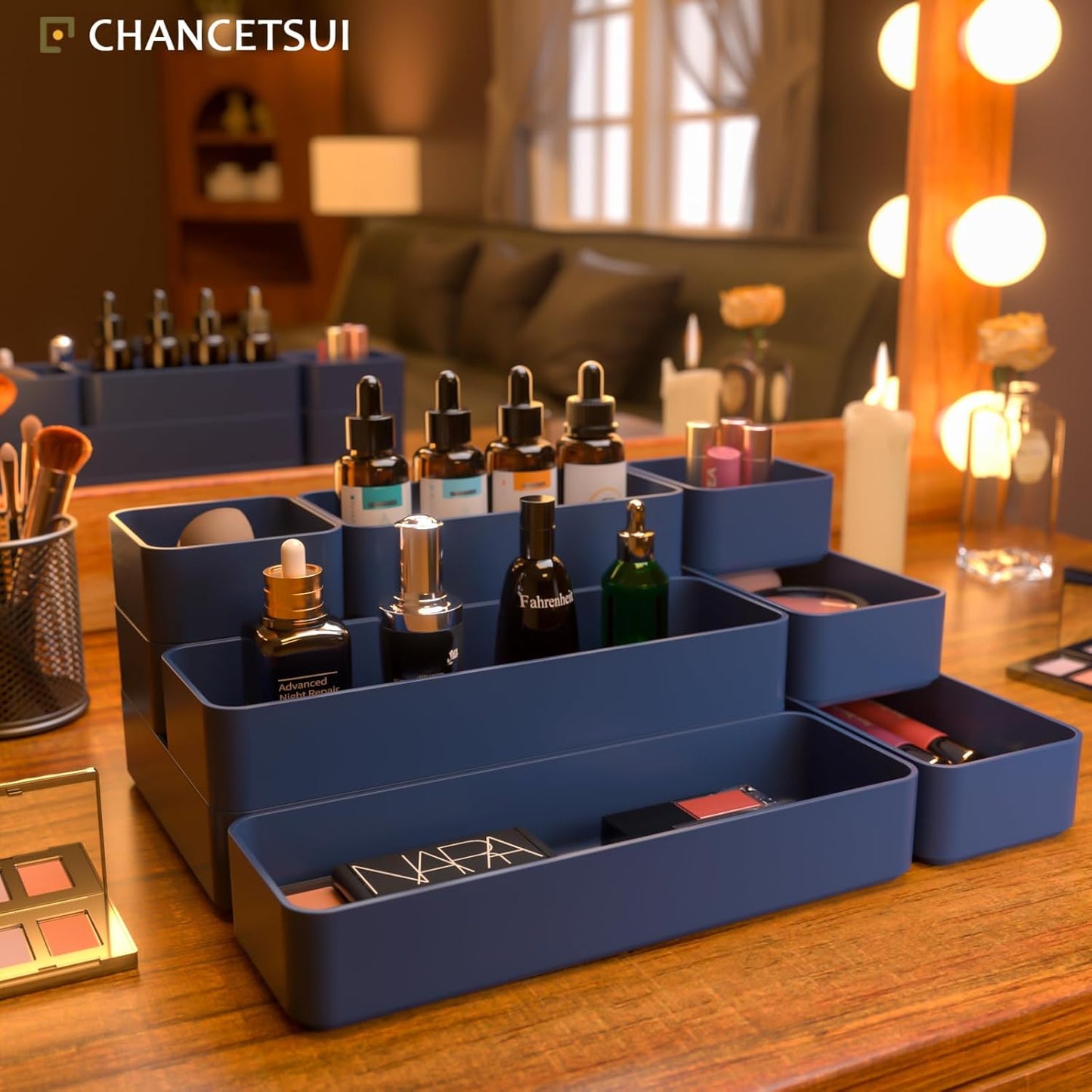 9 Pcs Stackable Drawer Organizer Trays Set, Multifunctional Stackable Storage Trays for Vanity, Bathroom, Kitchen, Desk Drawer Organizer Office. Plastic Drawer Organizers Available In 5 Colours, Blue