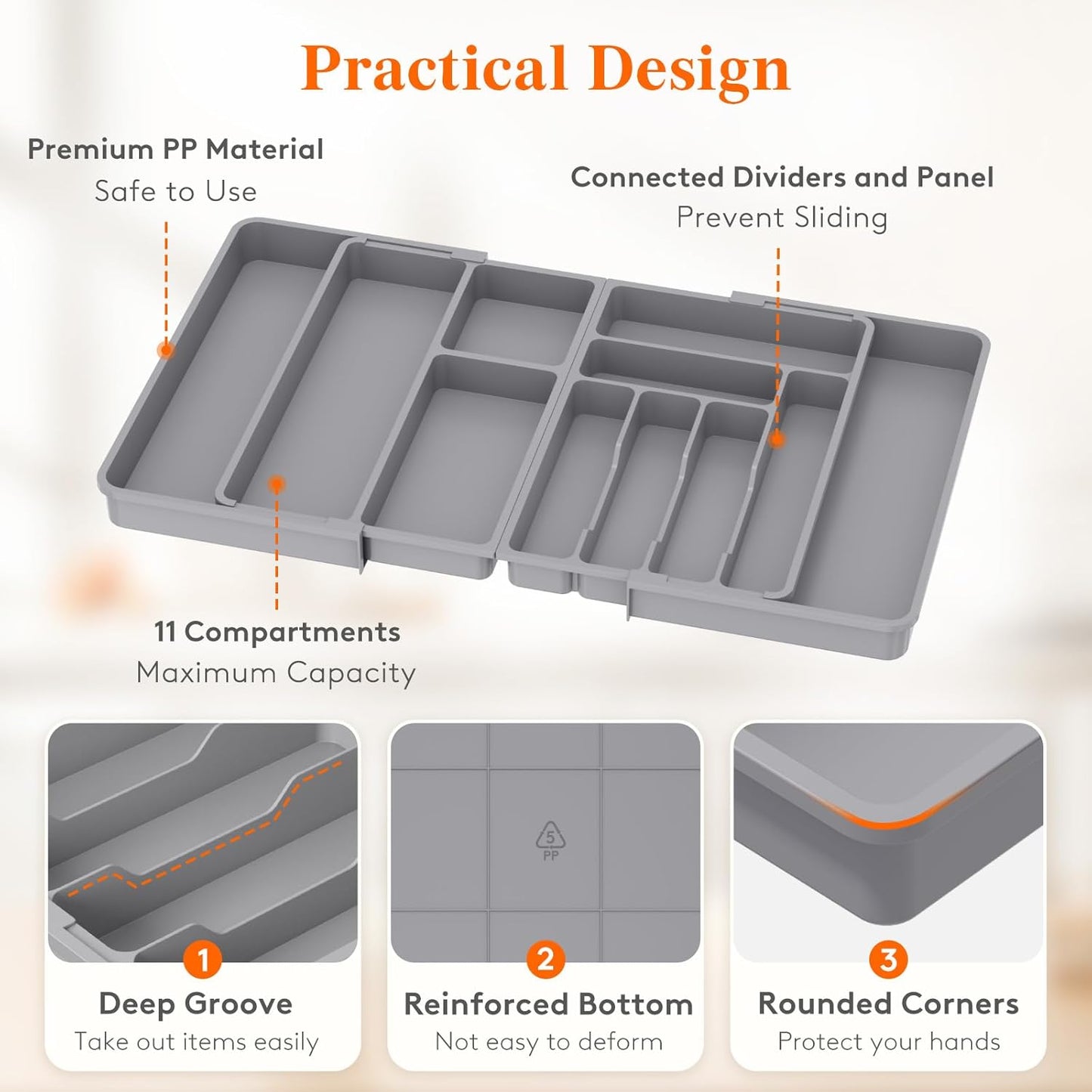 Lifewit Large Silverware Drawer Organizer, Plastic Cooking Utensil Tray for Kitchen, Expandable From 21 to 36 Inches, Adjustable Flatware Cutlery Spoon Fork Knife Spatula Gadgets Holder, Gray