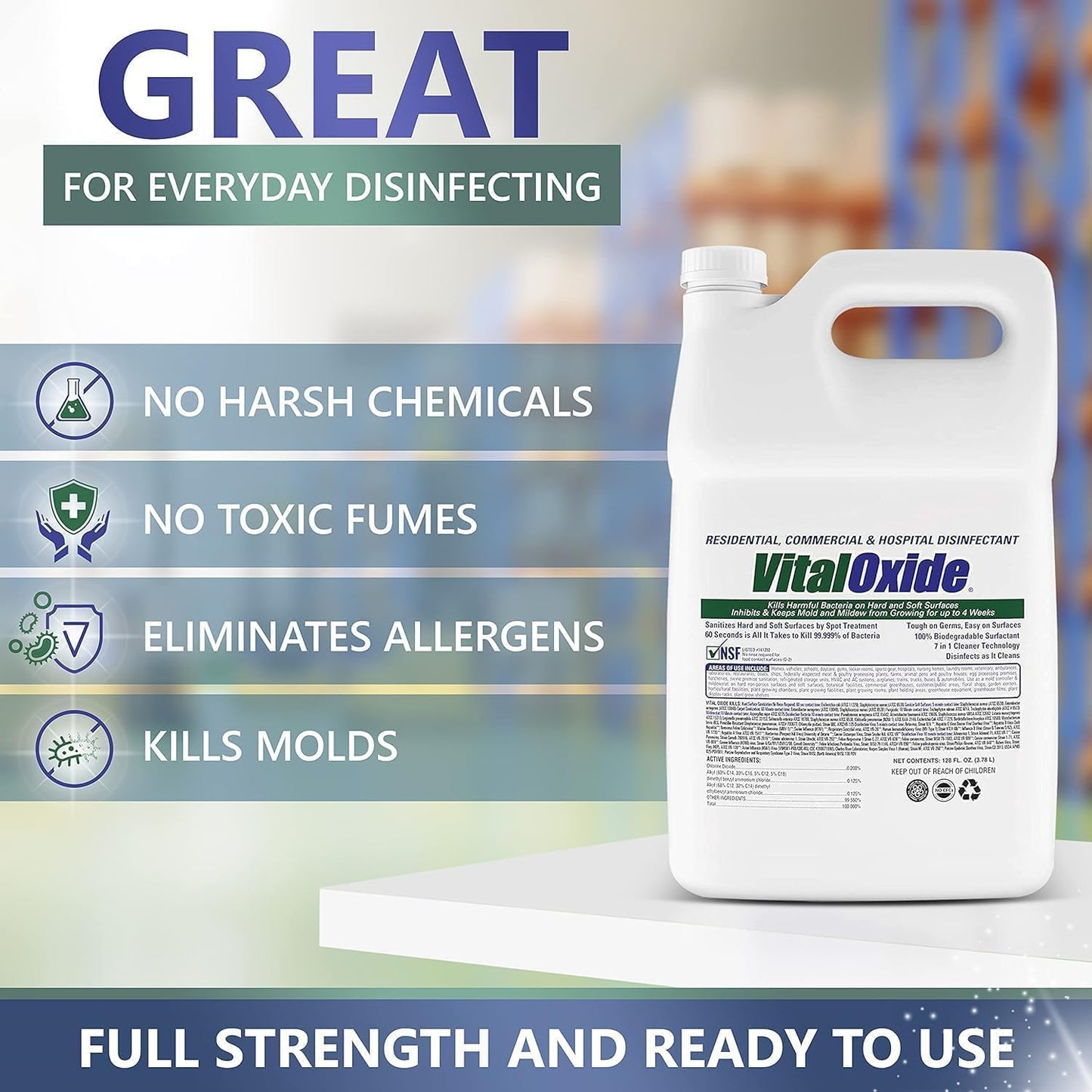 Vital Oxide Disinfectant, Deodorizer, Cleaner, Food-Contact Sanitizer, Virucide – (EPA registration #82972-1) – Kills Mold & Mildew, Eliminates Odors -4 Gallon