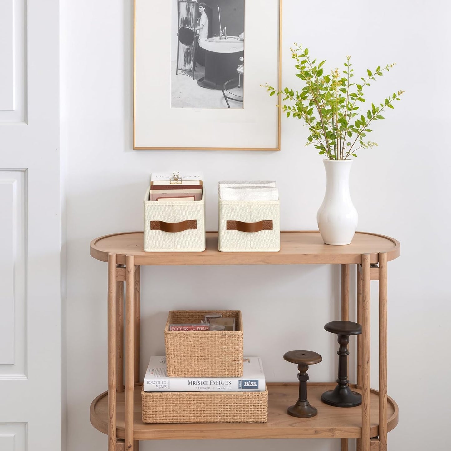 GRANNY SAYS Small Fabric Storage Bins, Storage Baskets for Shelves with PU Handles, Toilet Paper Storage, Mini Baskets for Organizing DVD, Photos, Clothes, Diaper, Sock, Cd, 3-Pack, Ivory