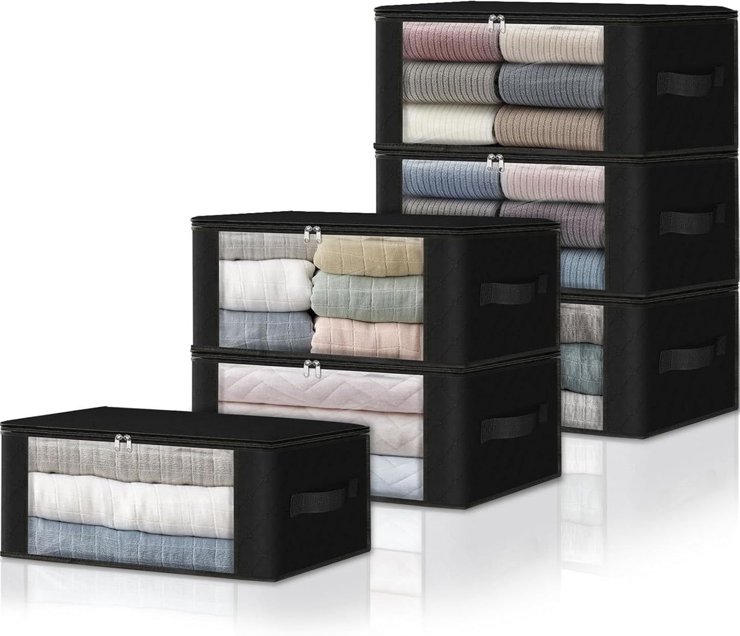 HomeHacks 6-Pack Clothes Organizer Storage Bags Foldable Storage Box with Large Clear Window Sturdy Handles for Closet, Dorm, Pillows, Bedding, Clothes, Stuffed Toys, Blankets, 35L, Black