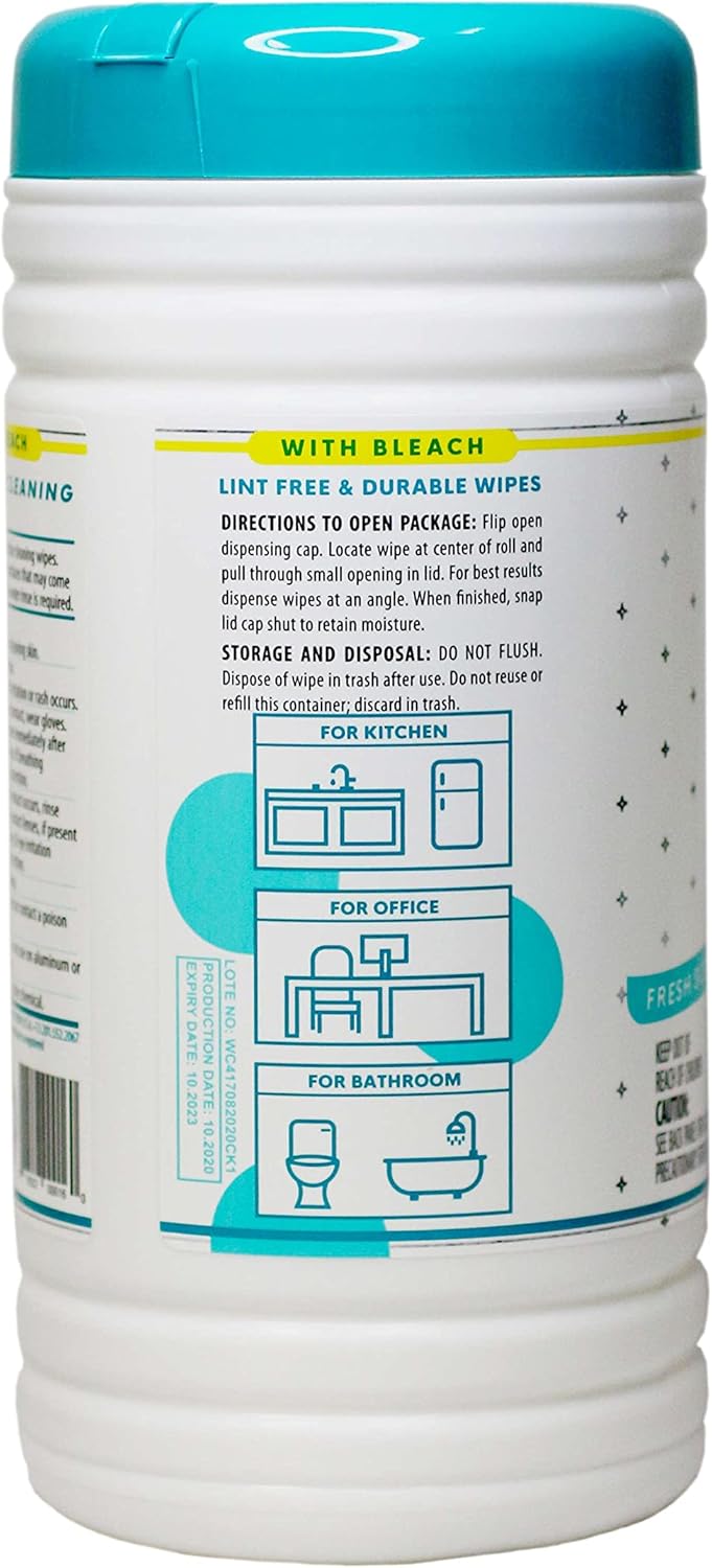 6 Pack Surface Cleaning Wipes with Bleach, All-Purpose Cleaner for Bathroom, Kitchen, Office, 450 Count Canister, Fresh Scent, 7.5" x 7" Sheet, Lint Free & Durable