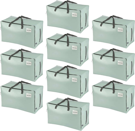VENO 10 Pack Moving and Storage Bags, Heavy Duty, Alternative to Moving Boxes, Large Packing Totes Supplies for College Dorm Room with Zipper for Clothes, Wide Open Design (Shiny Light Green, 10 Pack)