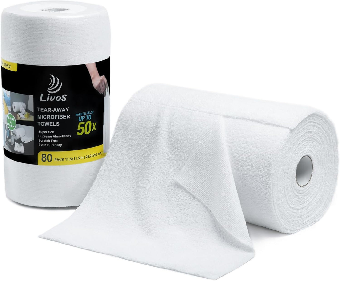LIVOS Microfiber Cleaning Cloth Roll - 80 Pack, Reusable Paper Towels, White Tear Away, Microfiber Towels for Car, Super Absorbent Lint Free Cleaning Rags for House, Kitchen,Window- 11.5"x11.5"