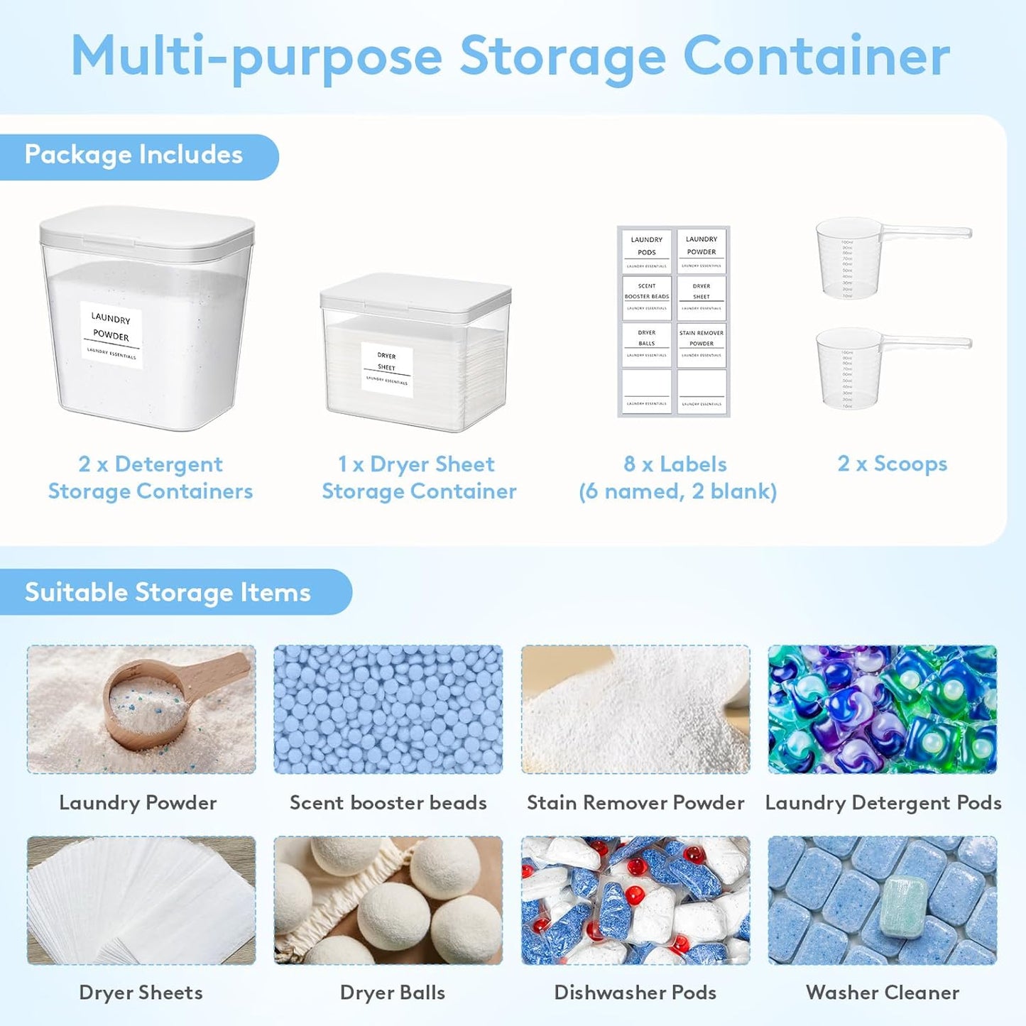 Lifewit 2+1 Laundry Pods Container & Dryer Sheet Holder, Large Powder Detergent Dispenser Storage Jars, Laundry Room Containers for Scent Booster Beads with Pop up Lids, Labels and Scoop