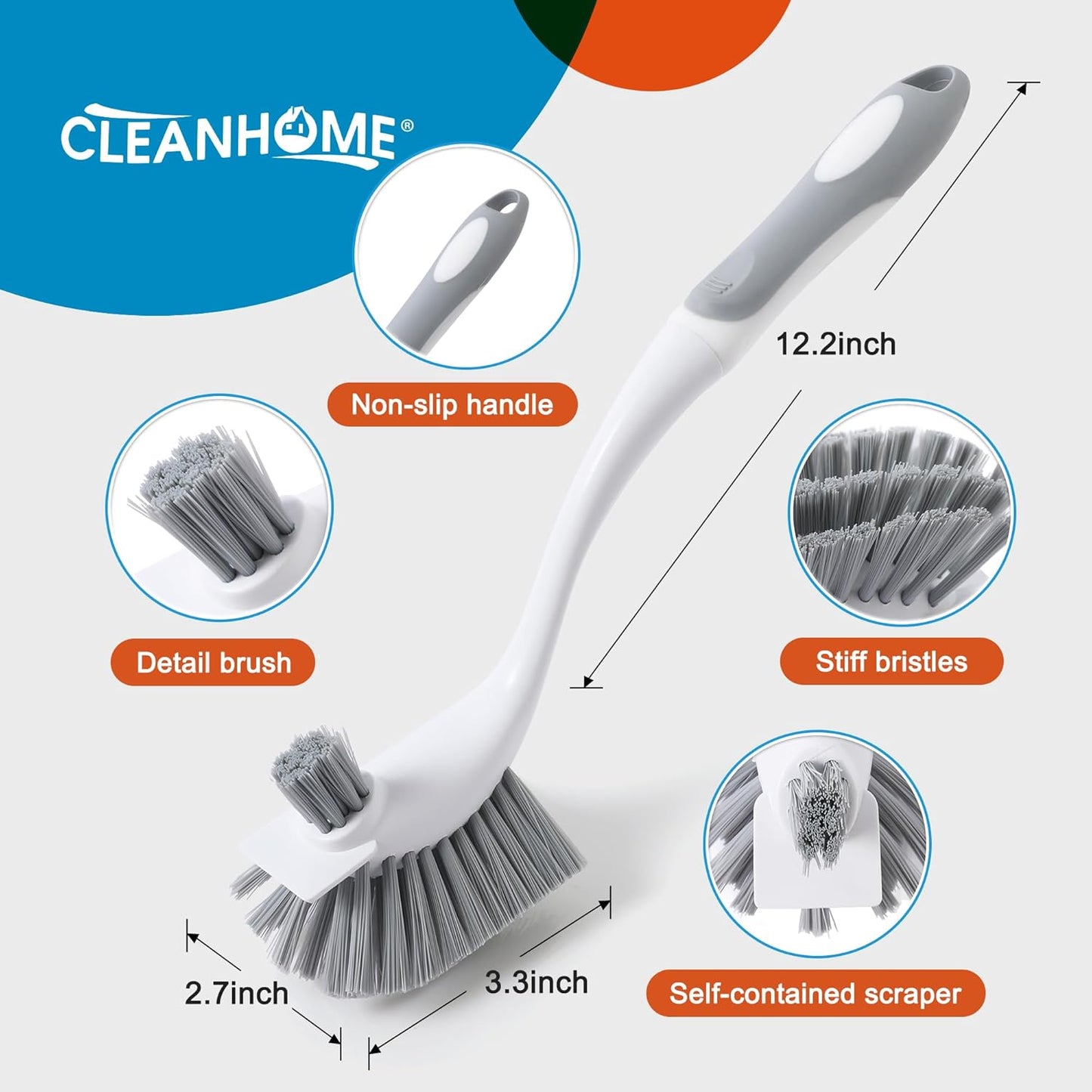 4-Pack Heavy-Duty Dish Scrub Brushes with Stiff Non-Scratch Bristles & Long Handle - Multi-Purpose Kitchen Cleaning Brushes for Pots, Pans, Bottles, Deep Cleaning