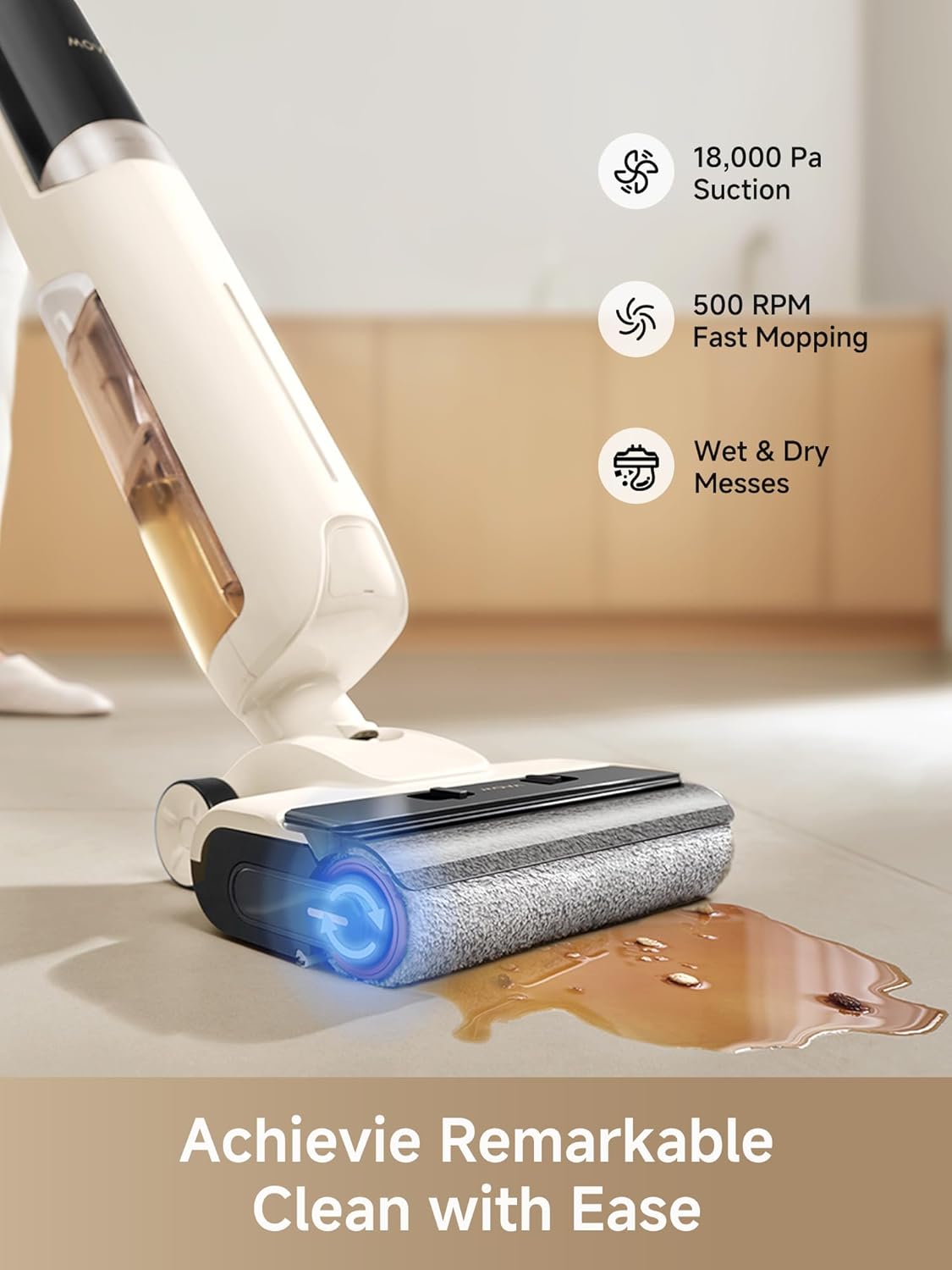 Mova K30 Mix Wet Dry Vacuum Cleaner, 4-in-1 Cordless Vacuum for Multi-Surface, 180° Lie-Flat Reach, 30Min 140°F Hot Air Drying, 0in Dual Edge, Powerful 18000Pa Suction Floor Cleaner for Pet Hair