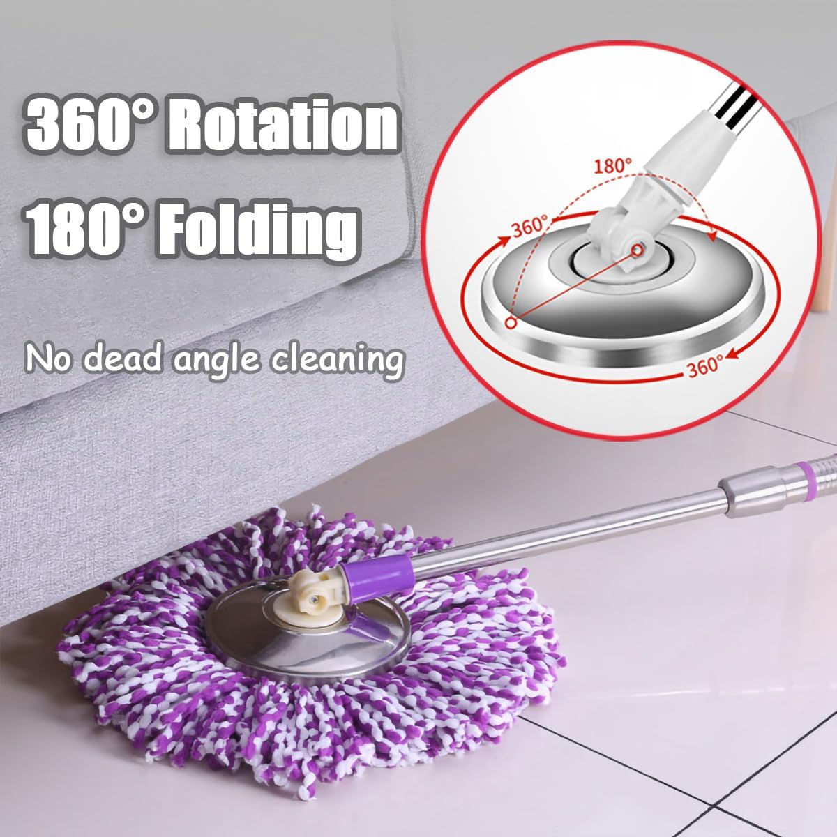 Extended Spin Mop Replacement Mop Handle, Upgraded 60-inch 360 Degrees Rotating Telescopic Replacement Mop Stick for Spin Mop Bucket Cleaning System Floor Cleaning (Plastic Disc, Red)