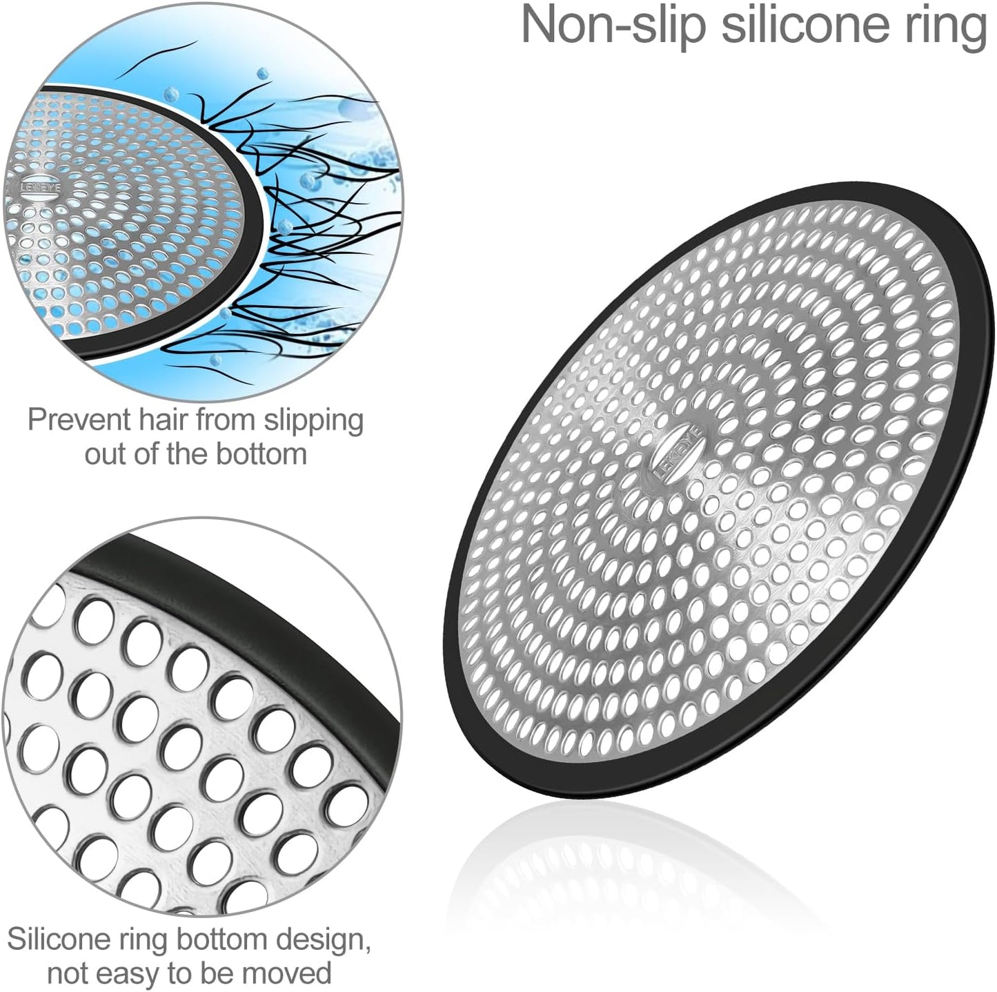 LEKEYE Shower Drain Hair Catcher | Strainer | Shower Stall Drain Cover | Bathroom Drain Protector Stainless Steel and Silicone(Black)