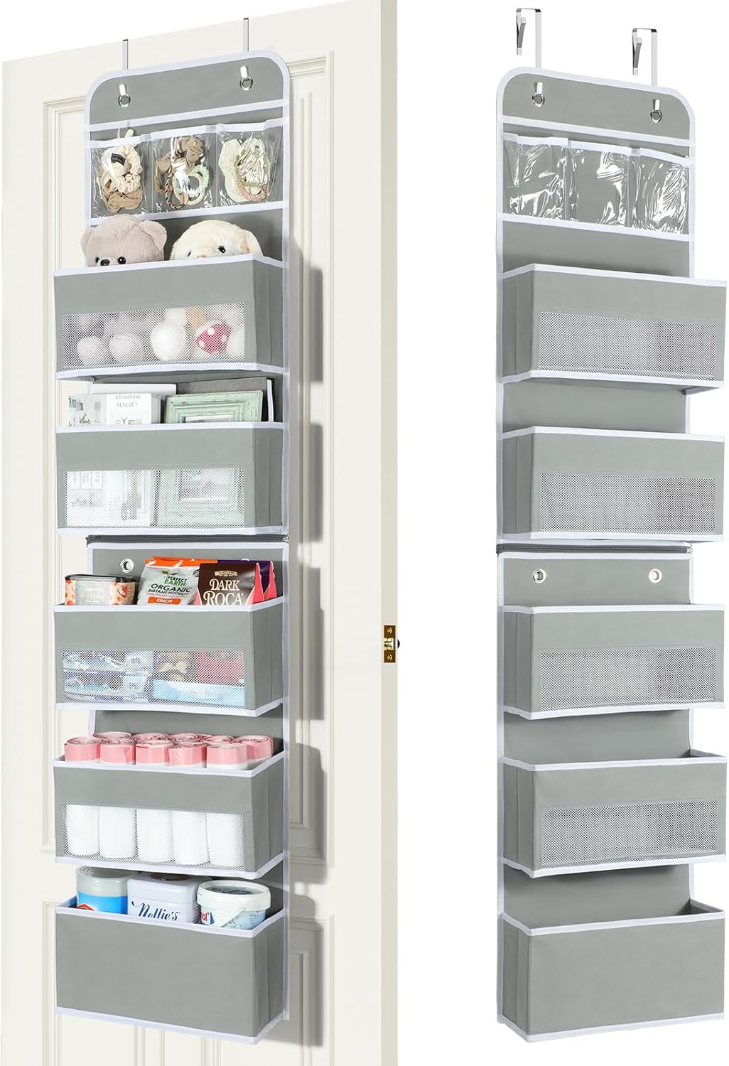 LAMU 6-Tier Over The Door Organizer, Swing - Proof Closet Door Organizer, Flexible 1 Split into 2 Over The Door Storage Organizer for Nursery, Bathroom, Bedroom, Grey, 5 x 14 x 61in