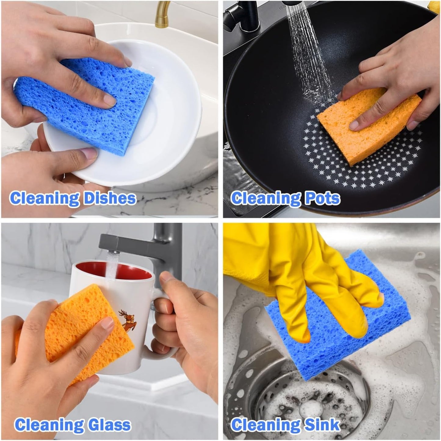 YoleShy 20 Pack Sponges Kitchen Natural Compressed Cellulose Sponges for Dishes Non Scratch for Household Cookware Bathroom Cars Soft Super Absorbent Reusable, Blue and Yellow