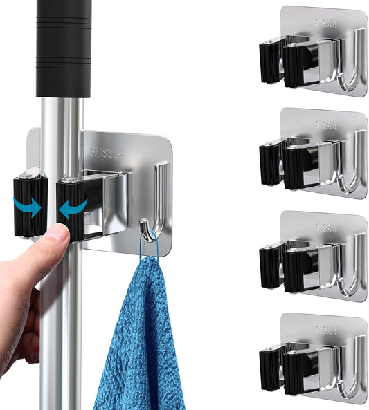 Mop Broom Holder No Drill, Mop Broom Organizer Wall Mounted Heavy Duty with Hooks Hanger, Self Adhesive Stainless Steel 4Pcs for Bathroom, Kitchen, Office (Multicolor)