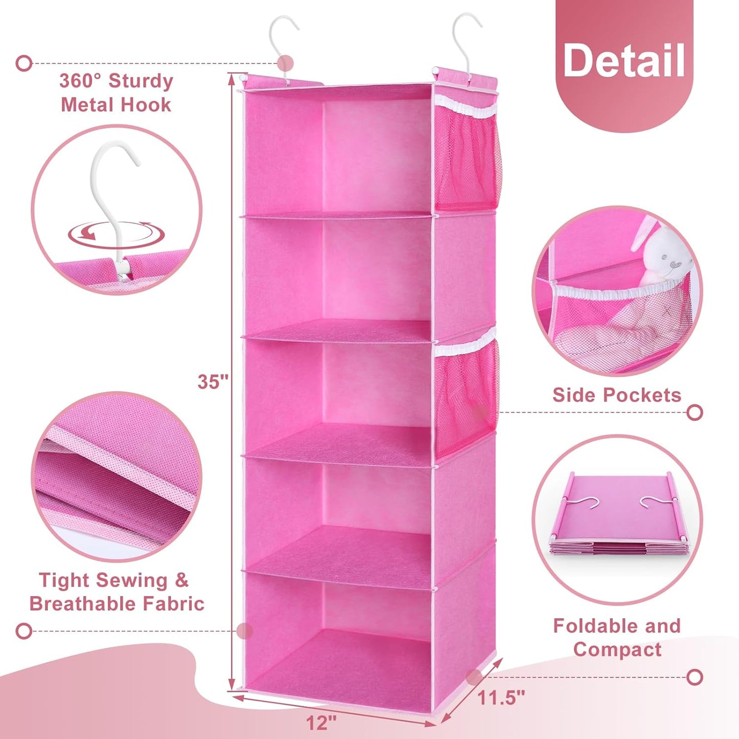 MAX Houser 5-Shelf Hanging Closet Organizer, Hanging Storage Shelves with 4 Side Pockets Space-Saving for Bedroom, Foldable (Pink)