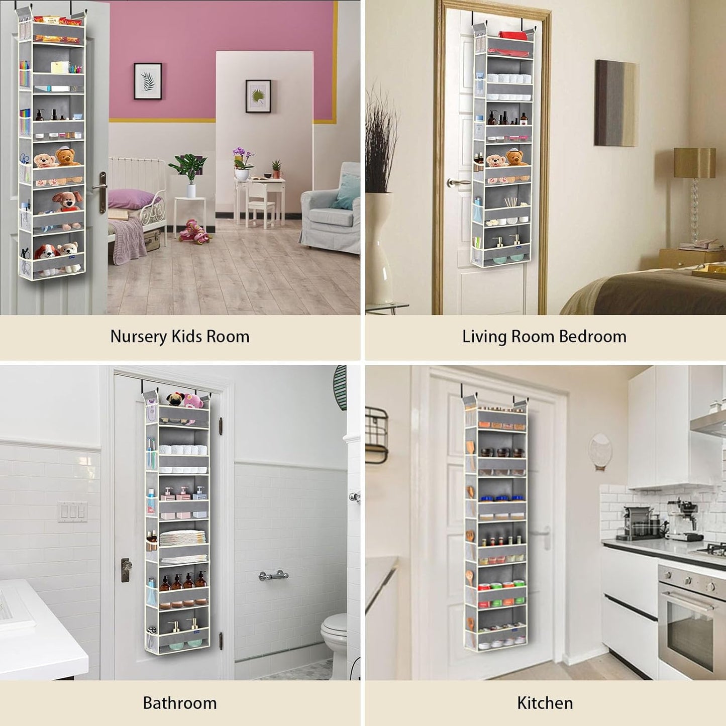 2 Pack Over The Door Hanging Organizer 6-Shelves and 12 Side Pockets, Over The Door Storage for Bathroom and Bedroom, Back of Door Organizers for Baby Products and Kid's Toys(13"x5"x54" Grey)