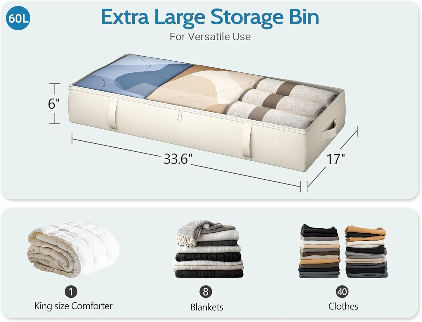 2-Pack Under Bed Storage, 6 Inches Tall Closet Organizers and Storage Bins with Sturdy Sidewalls/Bottom/4 Handles, Beige