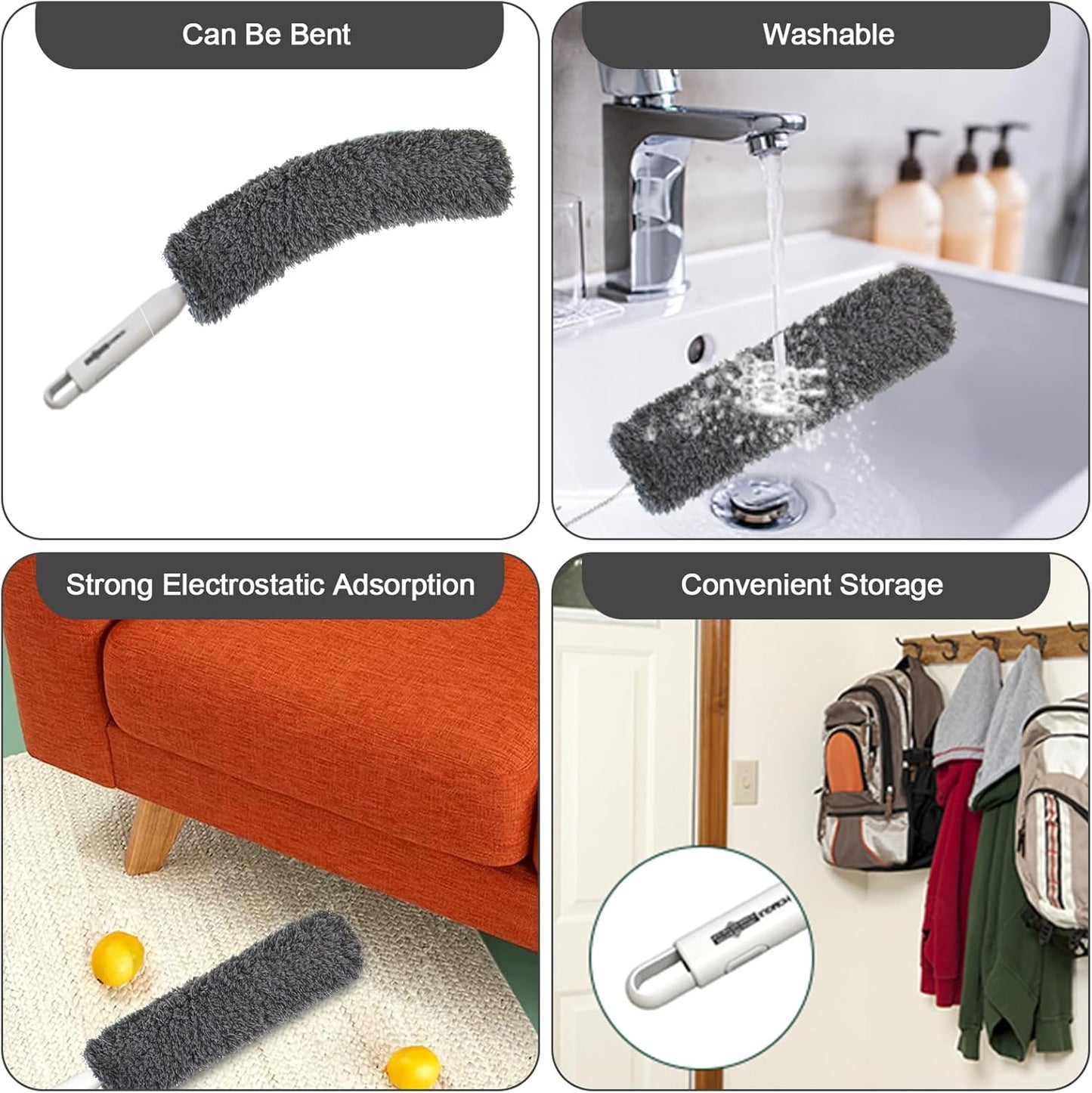 Microfiber Duster, Dusters for Cleaning, Hand Duster with Washable Head, Feather Dusters for Cleaning Cobweb, Blinds, Furniture, Cars-Gray