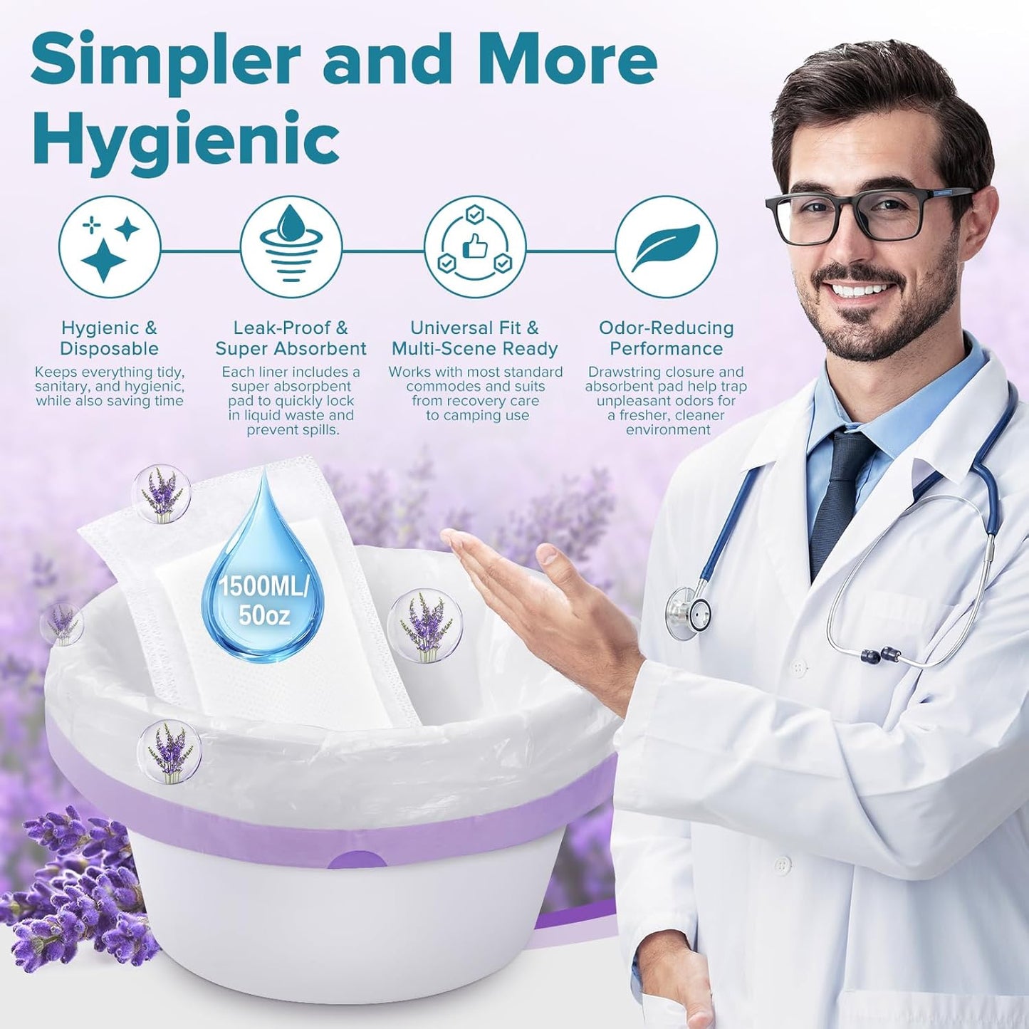 Maliton Bedside Commode Liners with Absorbent Pads, 60 Pack Disposable Bags and 60 Super Absorbent Pads, Vanilla-Scented Portable Sanitary Bag for Adult Toilets and Camping Toilets (60Bags+60Pads)