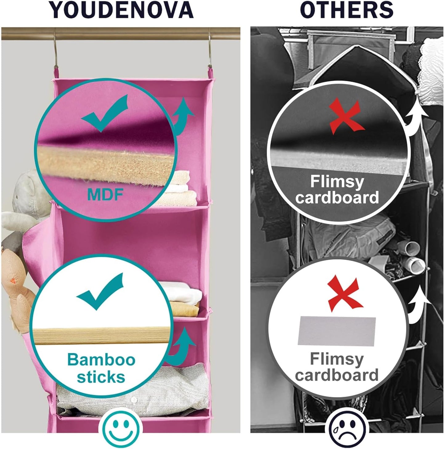 YOUDENOVA Hanging Closet Organizer and Storage, 6-Shelf Closet Hanging Storage Shelves, Light Pink