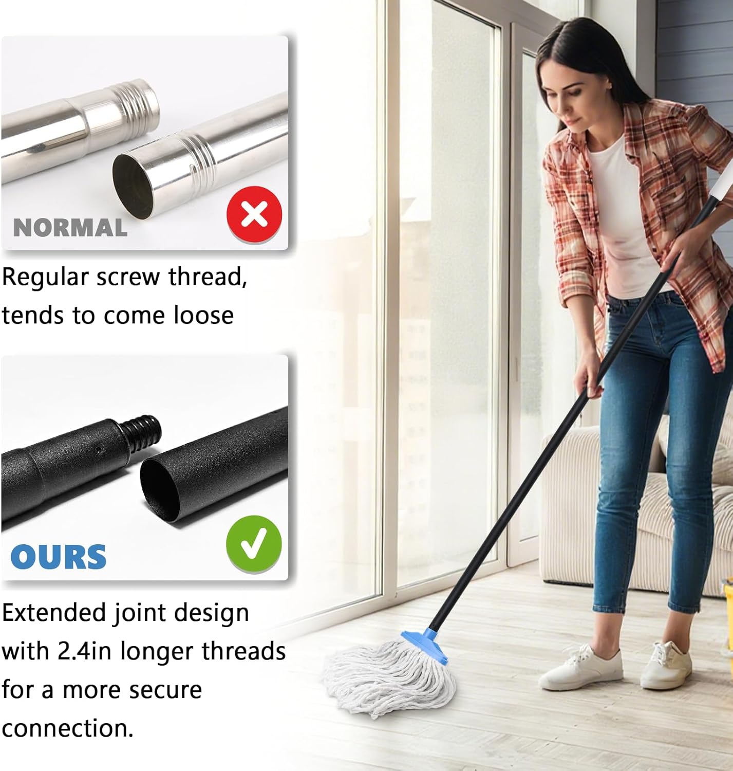 Indoor Cotton Mops for Floor Cleaning - Indoor Cleaning Mop for Wood Floors, Tile, Hardwood Floor, 52" Adjustable Iron Handle Regular Mops to Clean Living Room, Kitchen, and Bathroom. (Blue White