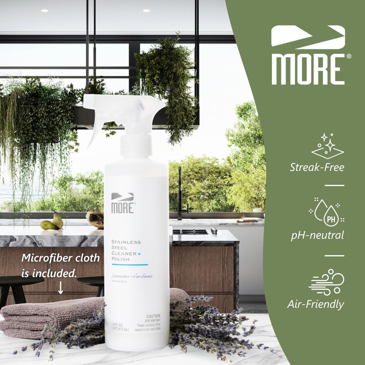 MORE - Stainless Steel Cleaner & Polish Spray + Microfiber Cloth - Stainless Steel Cleaner for Appliances, Sink, Fridge & Grill - Water-Based Streak-Free Formula - Lavender Essential Oil Scent 16 oz