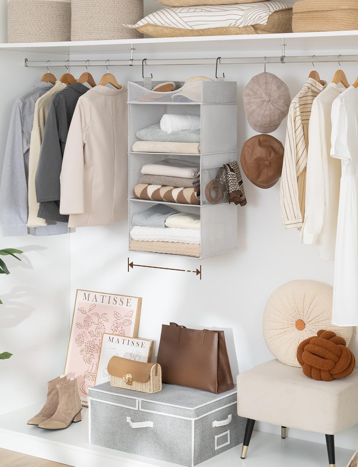 StorageWorks Hanging Closet Organizer, 3-Shelf Hanging Closet Shelves with Top Shelf, 15 ¾"W x 12" D x 31" H, Extra-Large Space, Light Grey