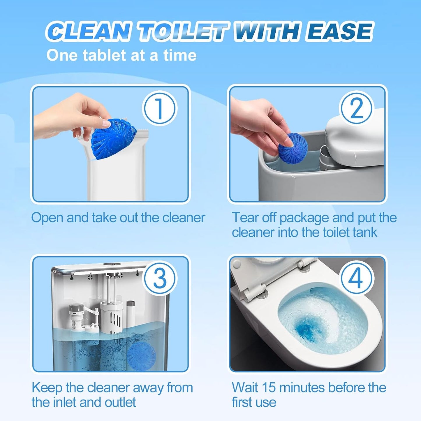 KIISIISO Toilet Bowl Cleaner Tablets, Blue Automatic Toilet Tank Cleaners, Septic-Safe Hard Water Ring Stain Remover, Toilet flush Cleaning & Deodorizer, Fresh Scent - 30 PACK