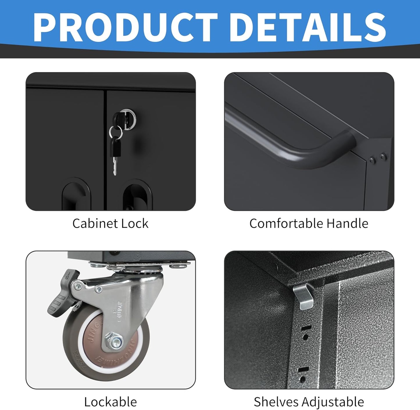 Metal Storage Cabinet with Wheels, Lockable Garage Cabinet with Doors and Shelves, Rolling Tool Storage, Assembly Required, Black