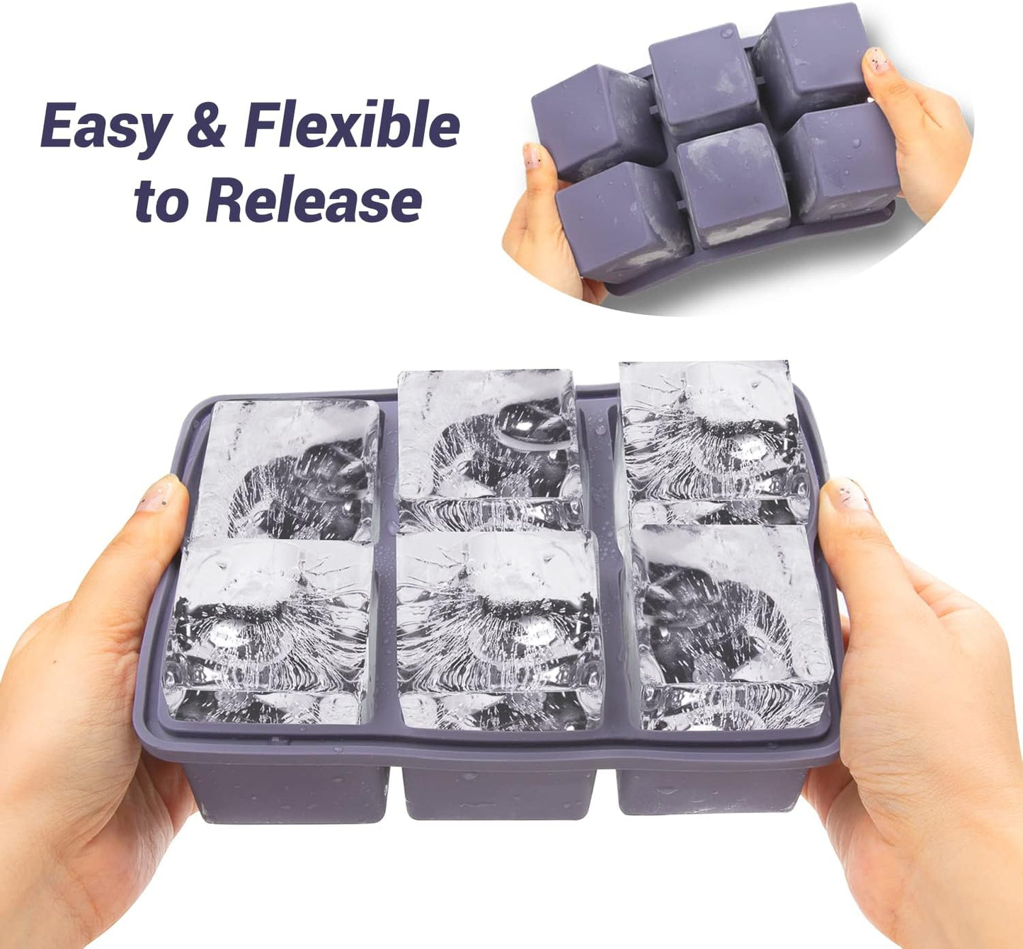 Mossime Large Ice Cube Molds: Square Whiskey Silicone Ice Cube Trays With Lid - 2pack Old Fashioned Big Silicone Ice Cube Tray for Cocktail - 2inch Easy Release Ice Cube Maker For Freezer