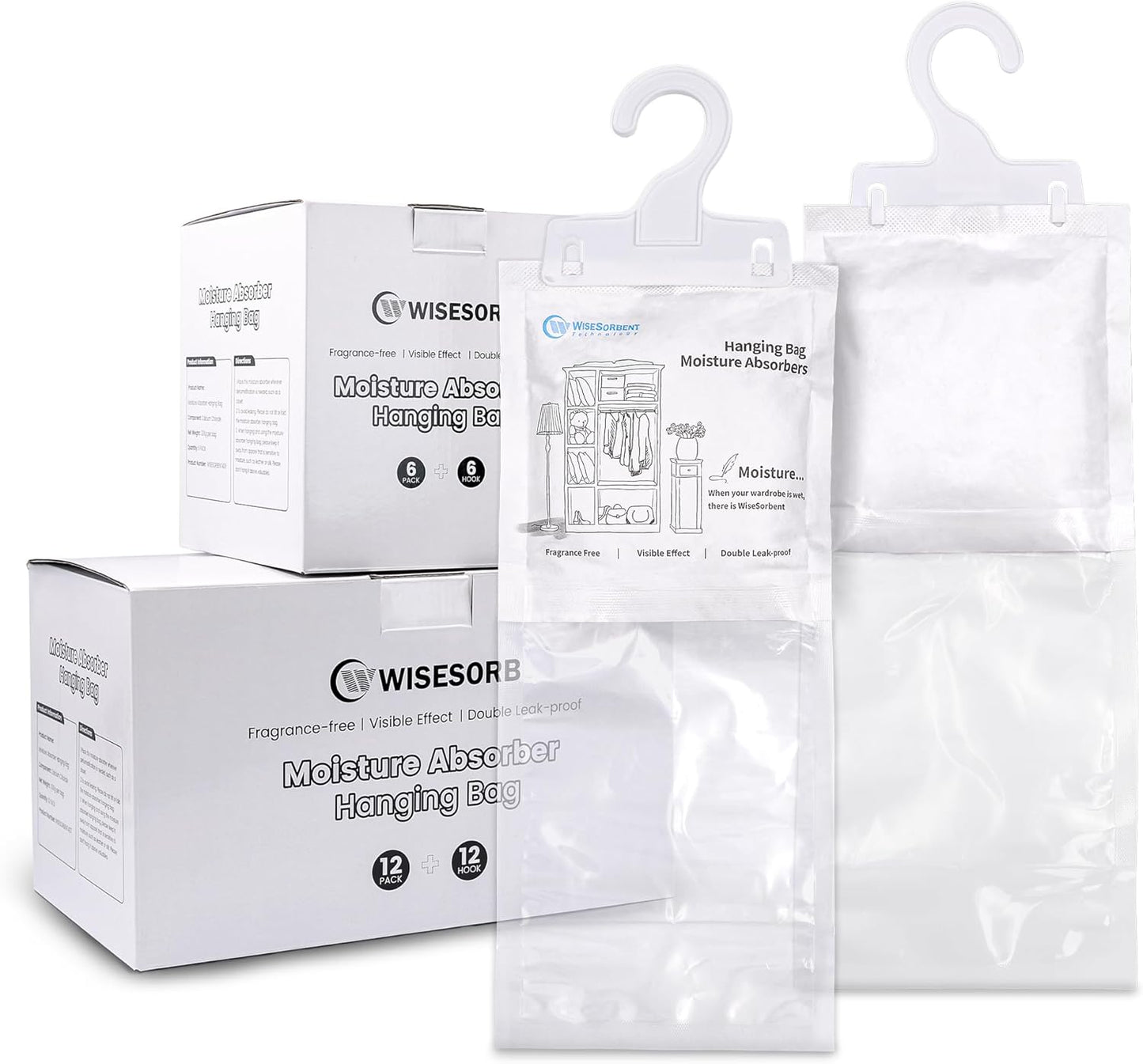 Moisture Absorber Hanging Bags 6 Pack - 7 oz Fragrance-Free Dehumidifier for Closet, Bathroom, Bedroom – Double Leak-Proof Design & Dual-Sided Absorption