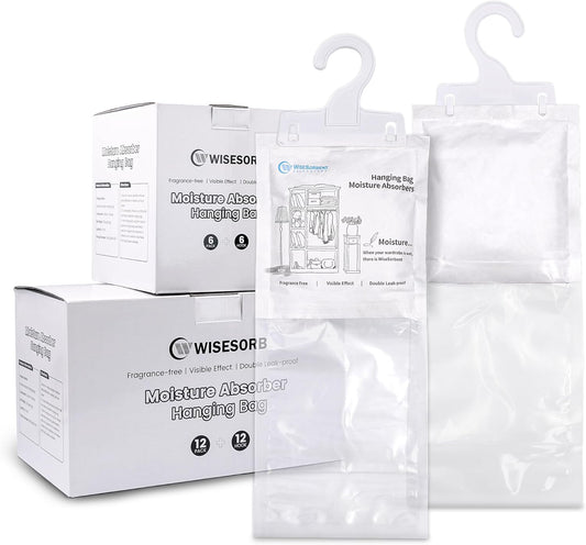 Moisture Absorber Hanging Bags 6 Pack - 7 oz Fragrance-Free Dehumidifier for Closet, Bathroom, Bedroom – Double Leak-Proof Design & Dual-Sided Absorption