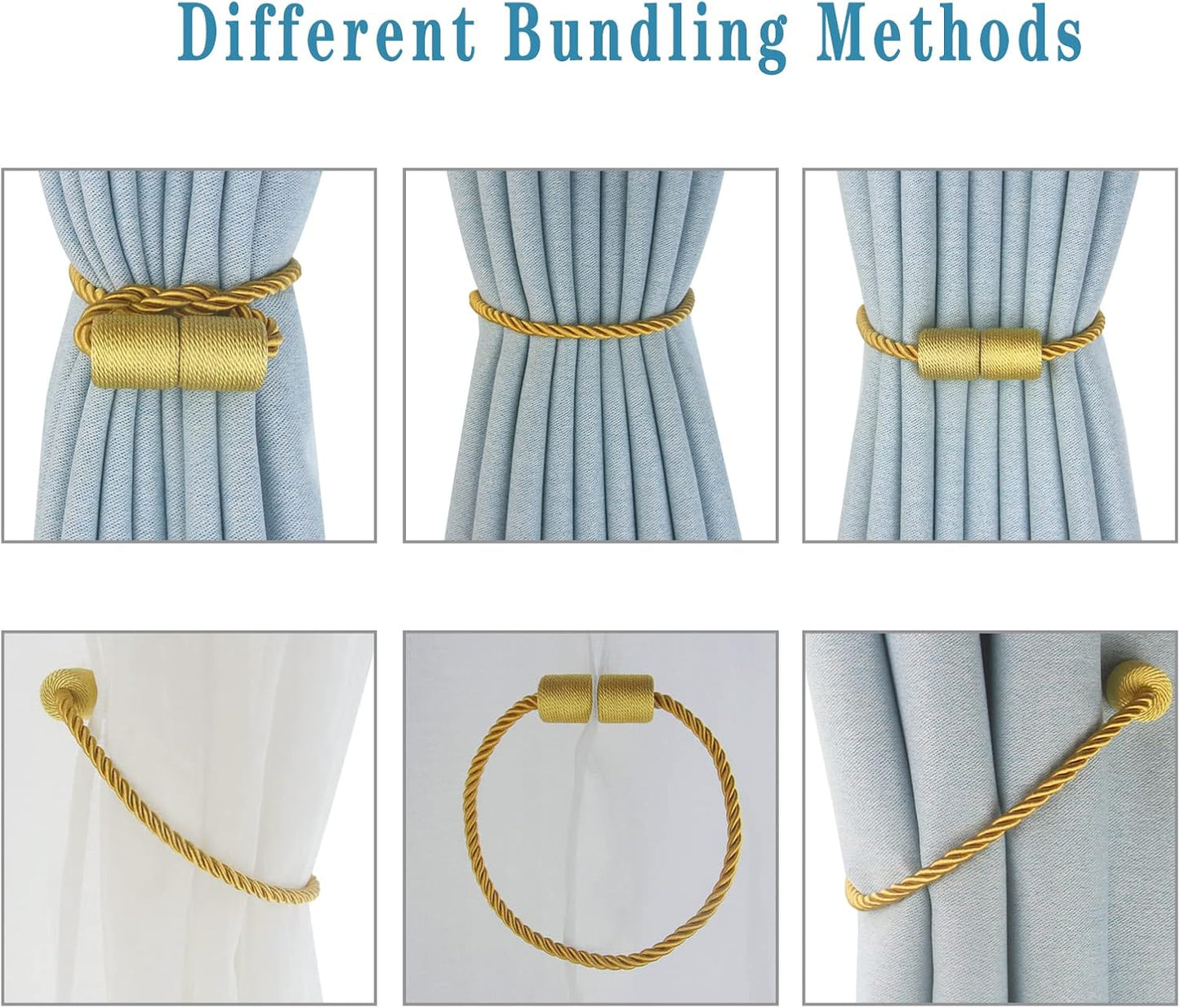 Magnetic Curtain Tiebacks 4 Pack Gold Curtain Rope Tieback Curtain Holders for Drapes Modern Tie Backs Decorative Curtain Holdbacks