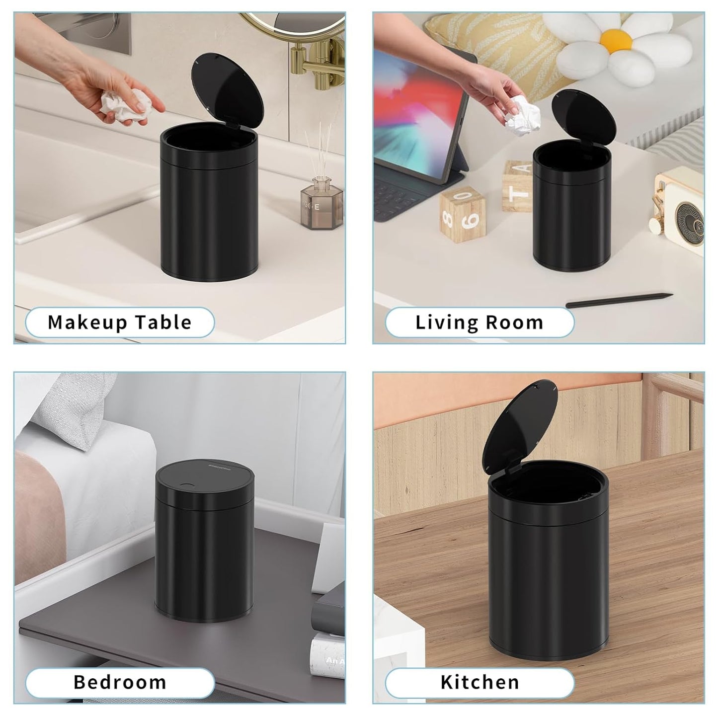 Mini Trash Can for Desk with Pop Up Lid,1.5L Tiny Trash Can for Desk, 0.4 Gal Stainless Steel mini Desk Trash can with Lid，Small Counter Garbage Bin with 1 Roll Bags for Bathroom,Office(Black)