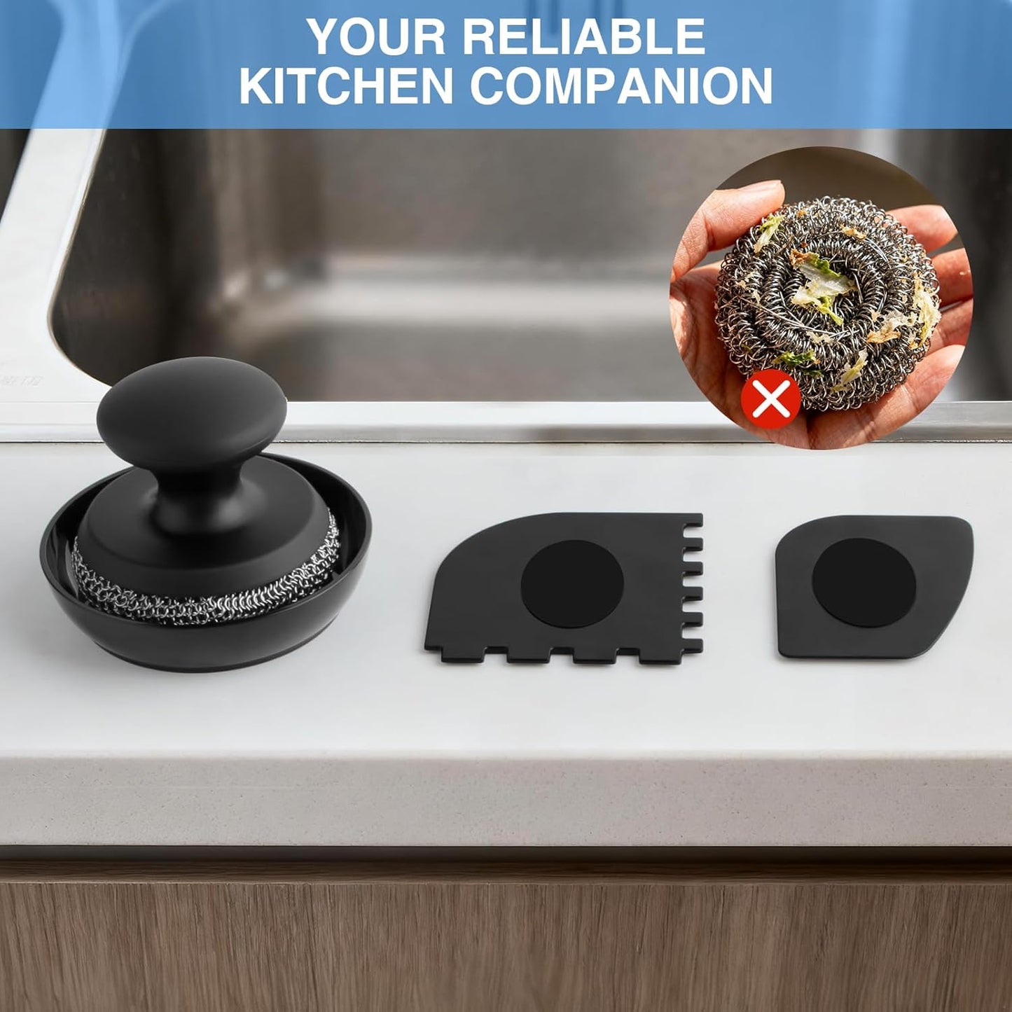 Cast Iron Scrubber Cleaner, Chainmail Scrubber for Cast Iron Pan Skillet, Dish Scouring Pad, Stainless Steel Brush/Scraper for Metal Skillet Scrubbing, Wok, Dutch Oven Cleaning Kit - Thin Mesh