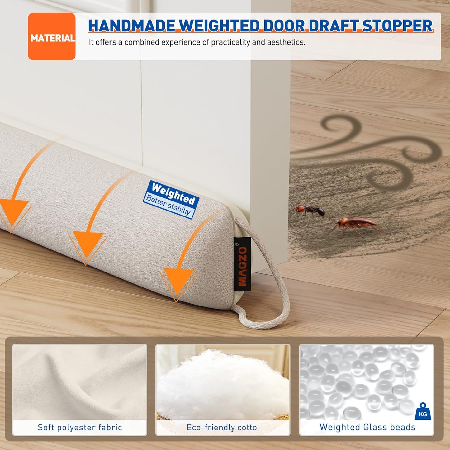 MAGZO Door Draft Stopper 36 Inch-Beige, Under Door Draft Blocker Air Stopper Door Bottom Insulation Snake Draft Stopper