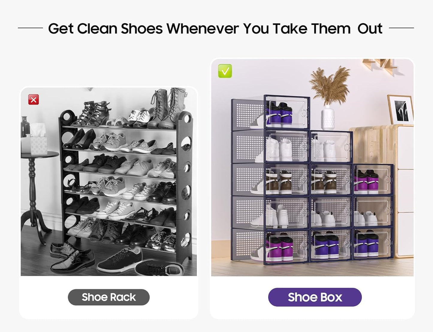 Kuject X-Large Shoe Storage Boxes Organizers Clear Plastic Stackable 12 Pack, Shoe Rack & Holder Substitute, Sneaker Containers, Toy Storage Organizer Bins for Entryway, Closet, Under Bed, Blue