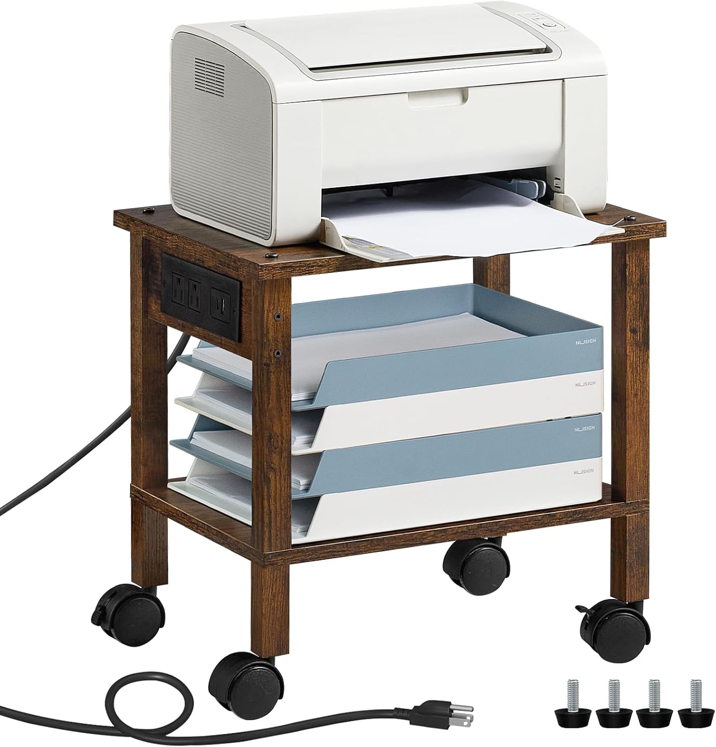 Lerliuo Under Desk Printer Stand with Charging Station, 2 Tier Wooden Small Printer Table with Storage, Rolling Printer Cart Shelf with Lockable Wheels for Home, Office (Brown)