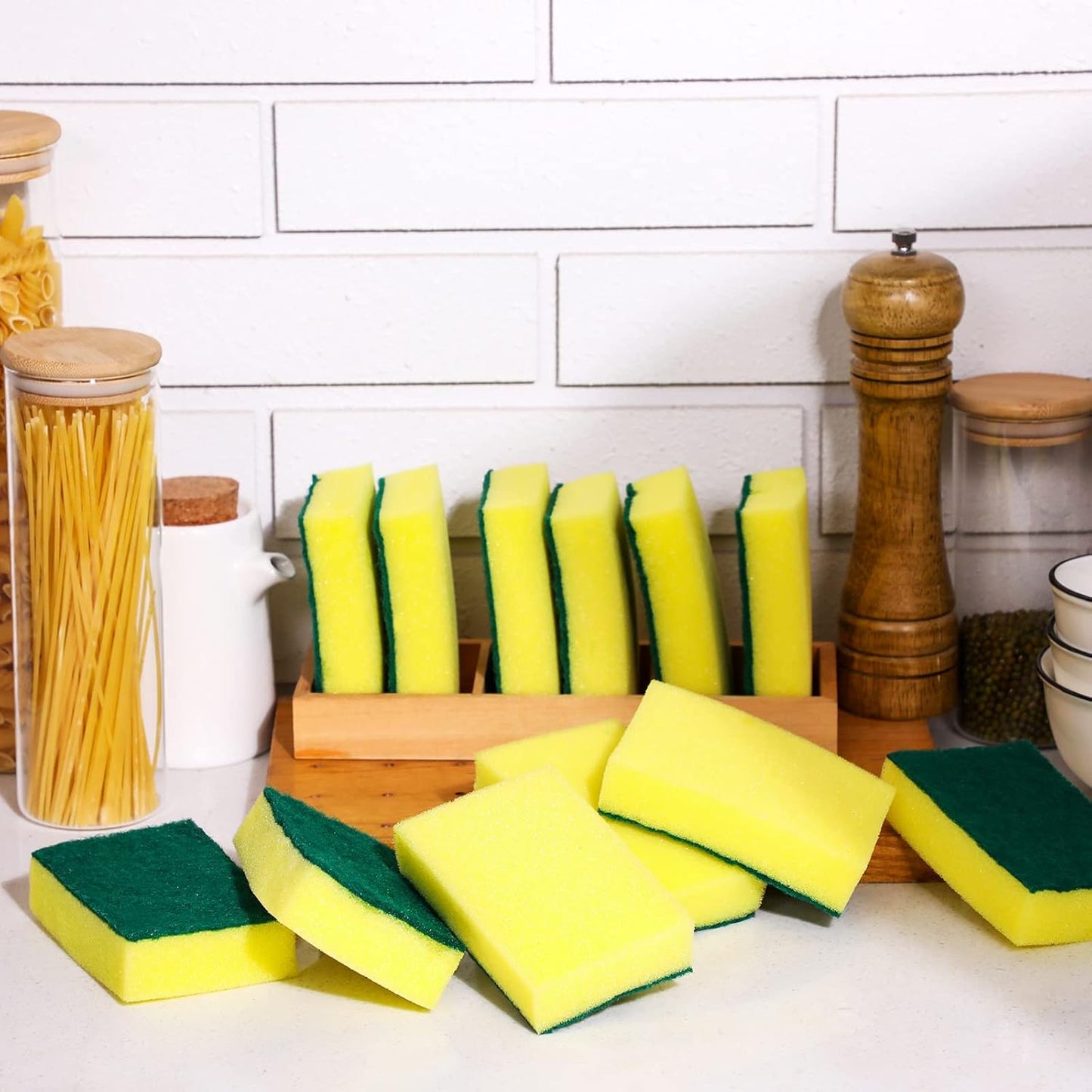 Tanlade 240 Pcs Individually Wrapped Sponge Dishwashing Sponge Bulk Non Scratch Scrub Sponges Kitchen Scouring Pad for Household Cleaning Rental Dishes Hotel Apartment Car (Yellow,Green)