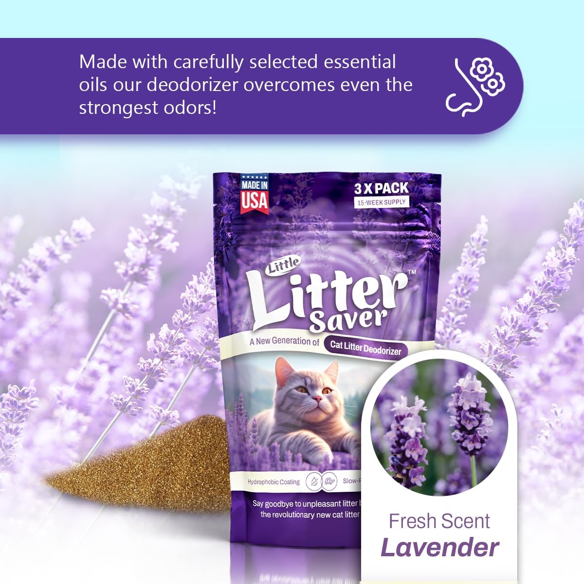 Little Litter Saver | a New Generation Of Cat Litter Box Deodorizer | Unique Slow Release Formula | Natural Fresh Scent | Up to 15 Weeks Supply | 3 x 0.5oz bags (Lavender)