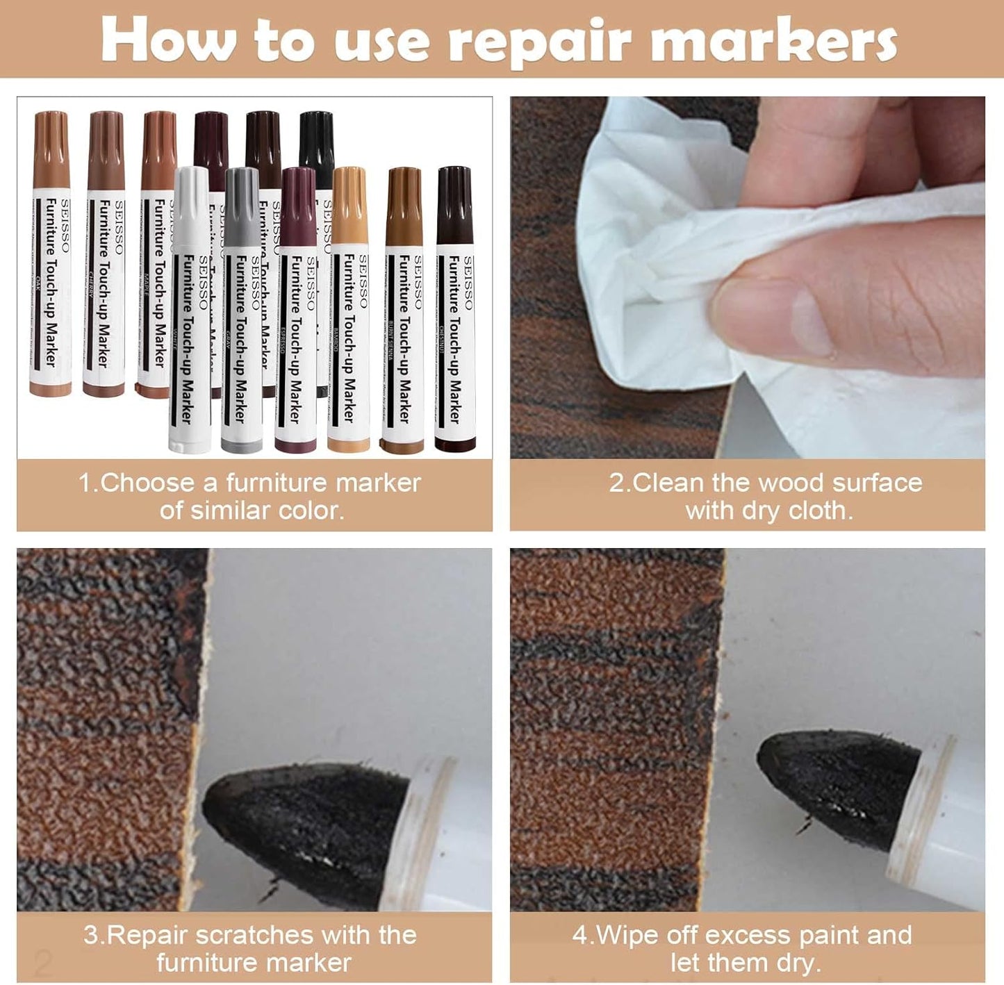 SEISSO Furniture Repair Kit, Wood Markers for Scratches, 12 Colors Furniture Touch-up Markers and Wood Fillers, New Upgrade Wood Repair Kit - Restore Wooden Table, Cabinet, Floors, Door