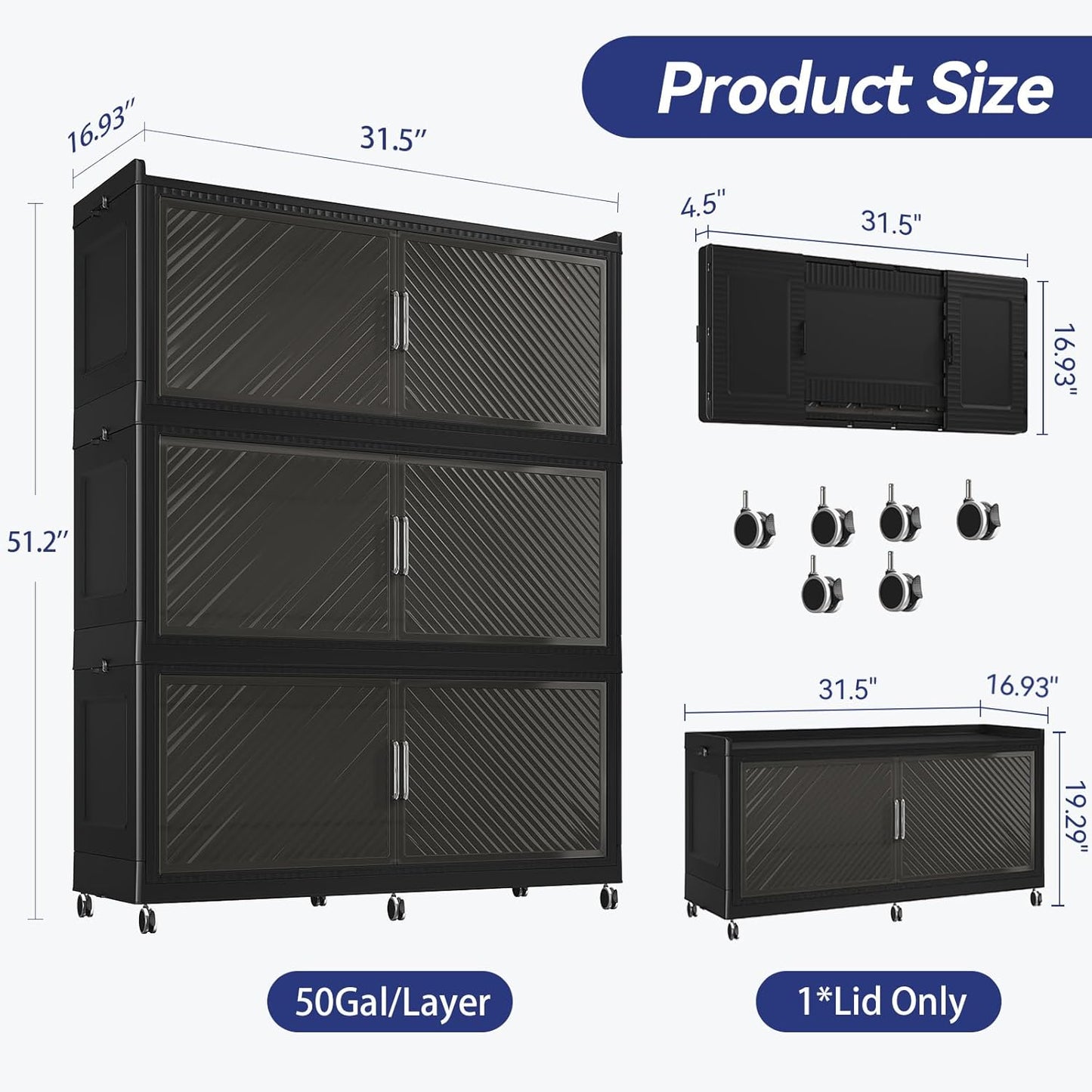 150GAL Extra Large Storage Bins with Lid, 600QT Collapsible Organizer with Wheels, Stackable Closet Cabinet with Doors, Folding Storage Containers for Home, Office, Dorm, 3Pack Black