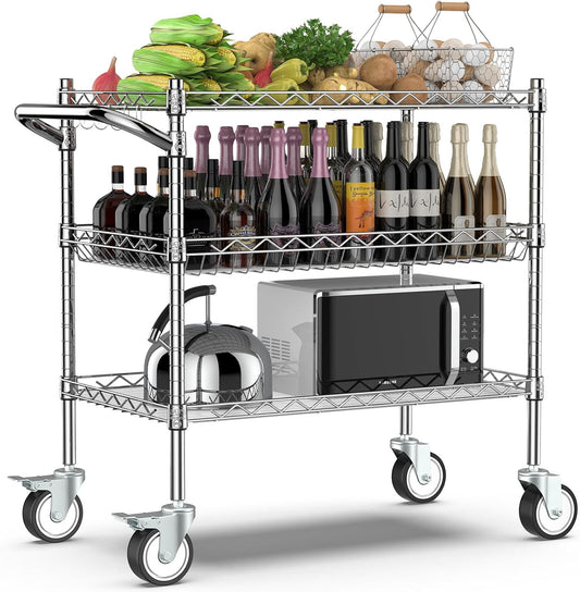Leteuke Heavy Duty 3 Tier Rolling Utility Cart,NSF Certified 990Lbs Capacity Rolling Carts with Wheels,Commercial Grade Metal Cart with Handle Bar & Shelf Liner,Trolley Serving Cart for Kitchen,Chrome