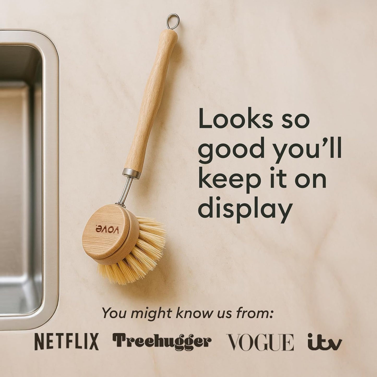 Vove Bamboo Dish Brush Replacement Heads, 4 Pack - FSC-Certified Bamboo - Natural Fiber Bristles - Compatible with Vove Dish Brush - Non-Toxic, Plastic-Free