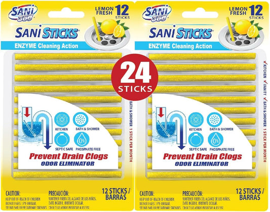SANI 360° Sani Sticks Drain Cleaner and Deodorizer, 24 Count, Lemon Scent Enzyme Pipe Cleaners, Eliminate Odors, Prevent Clogged Drains, Safe for Sinks, Bathtub Drains, Septic Tanks