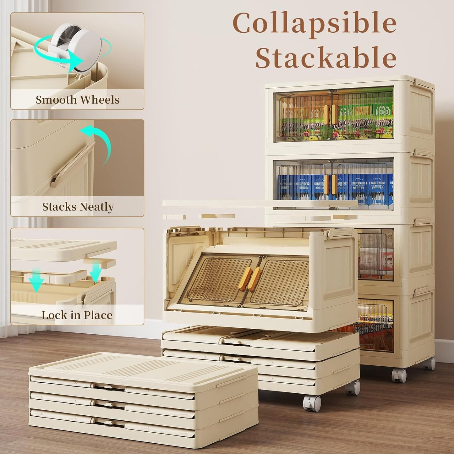 28 Qt Plastic Storage Bins with Lid, Collapsible Closet Organizer and Storage Drawers, Stackable Storage Containers with Wheels, Clothes Storage Cabinet Home Organization, 4Pack