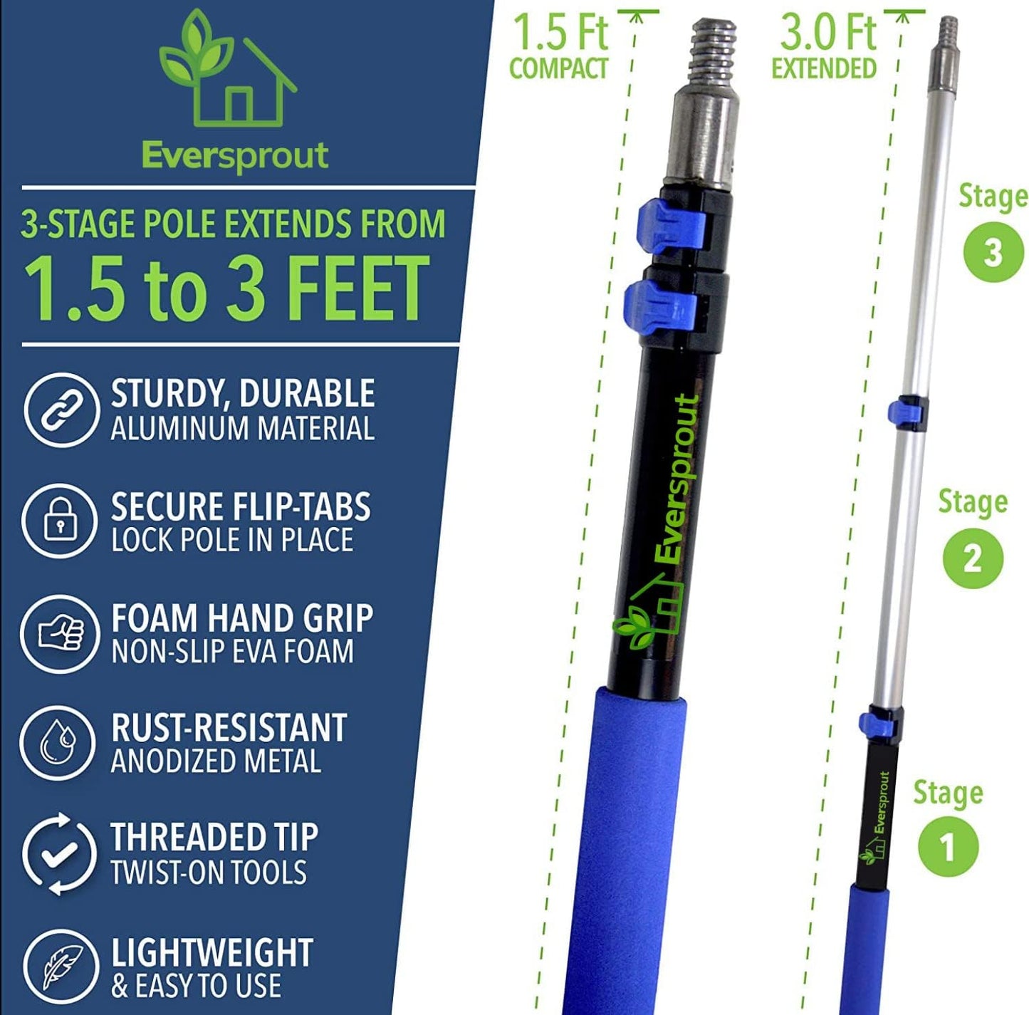 EVERSPROUT 1.5-to-3 Foot Swivel Squeegee and Microfiber Window Scrubber (8-10 Ft Standing Reach) | 2-in-1 Window & Glass Cleaning Combo | Lightweight, Aluminum Extension Pole | Includes 10-inch Blades