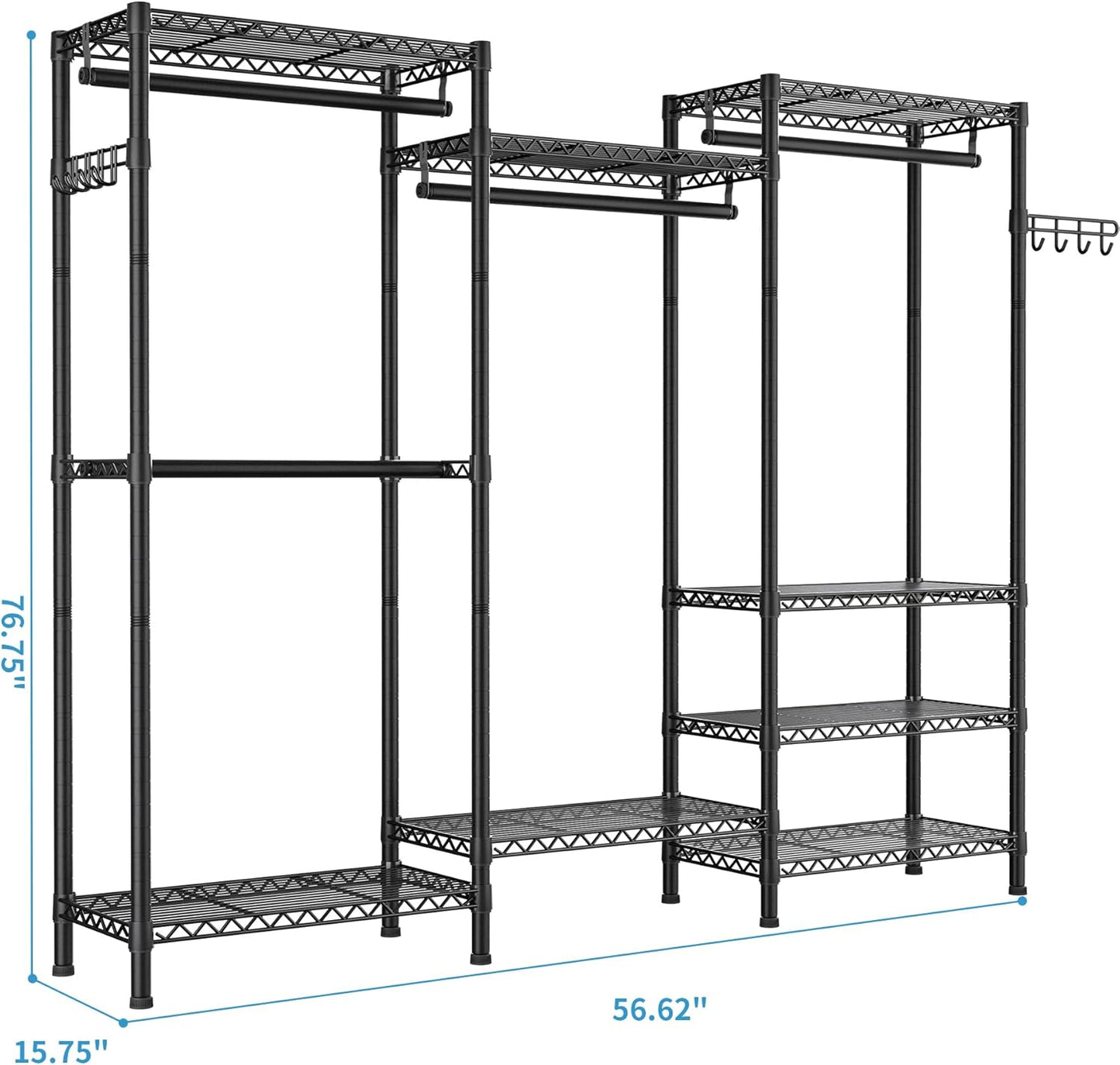 Heavy Duty Garment Rack Large Clothes Rack,Freestanding Closet Portable Clothing Rack with 8 Adjustable Wire Shelves and 4 Hang Rods,Metal Closet Storage Wardrobe Organizer System,Max Load 800lbs