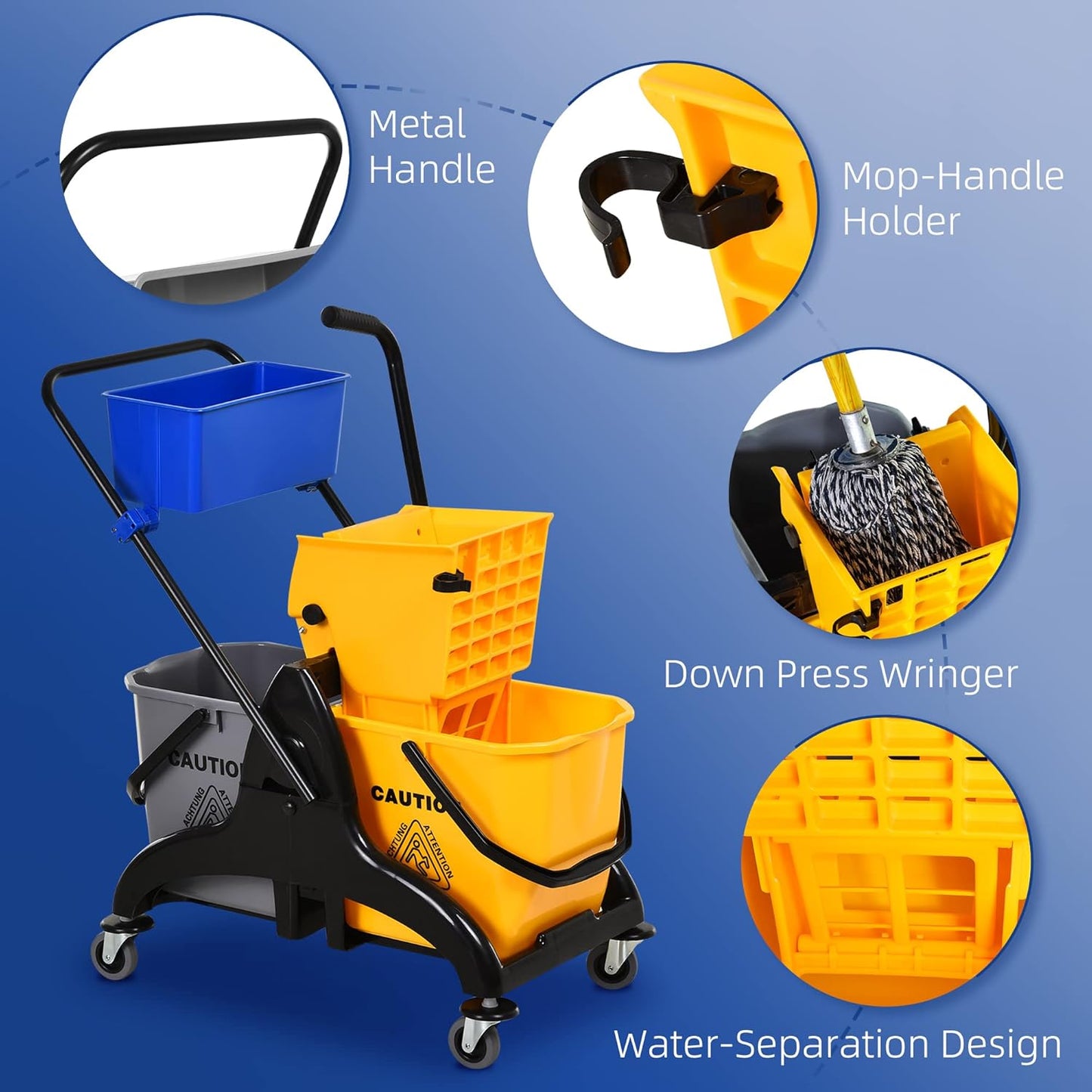 HOMCOM 2 x 6.9 Gallon Mop Water Bucket Wringer Cart with Easy to Use Side Press Wringer, Smooth Wheels, Mop-Handle Holder